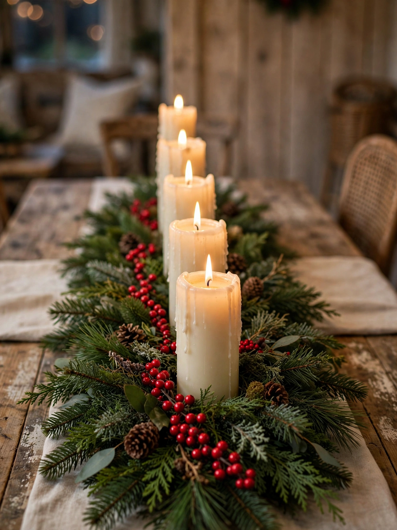 Pillar candles nestled in fresh pine boughs, one of the lushest diy christmas centerpiece ideas 2026