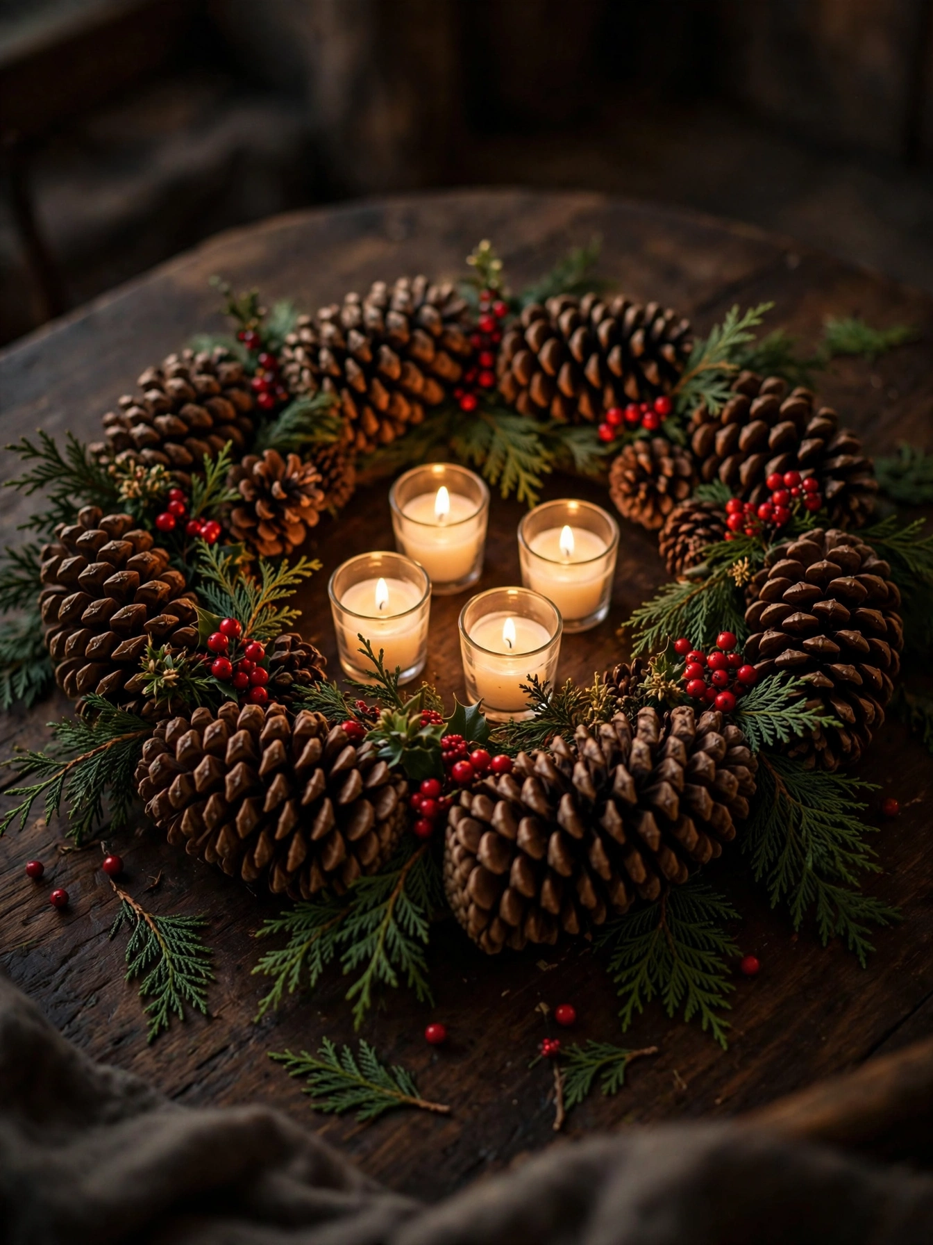 Pinecone ring circling glowing votives, one of the most natural diy christmas centerpiece ideas 2026