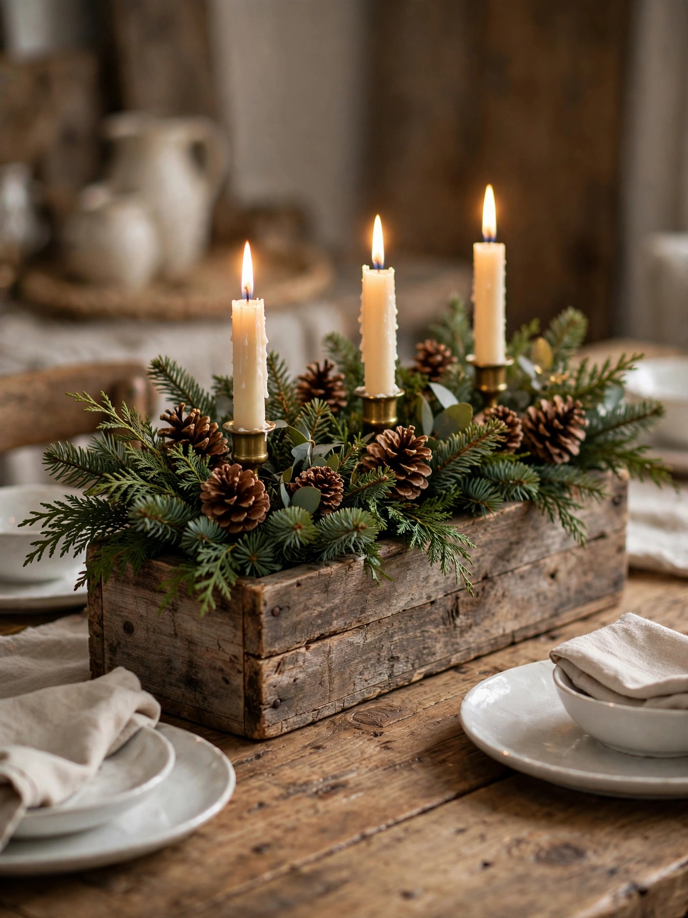 Reclaimed wood box with greenery and tapers, one of the most practical diy christmas centerpiece ideas 2026