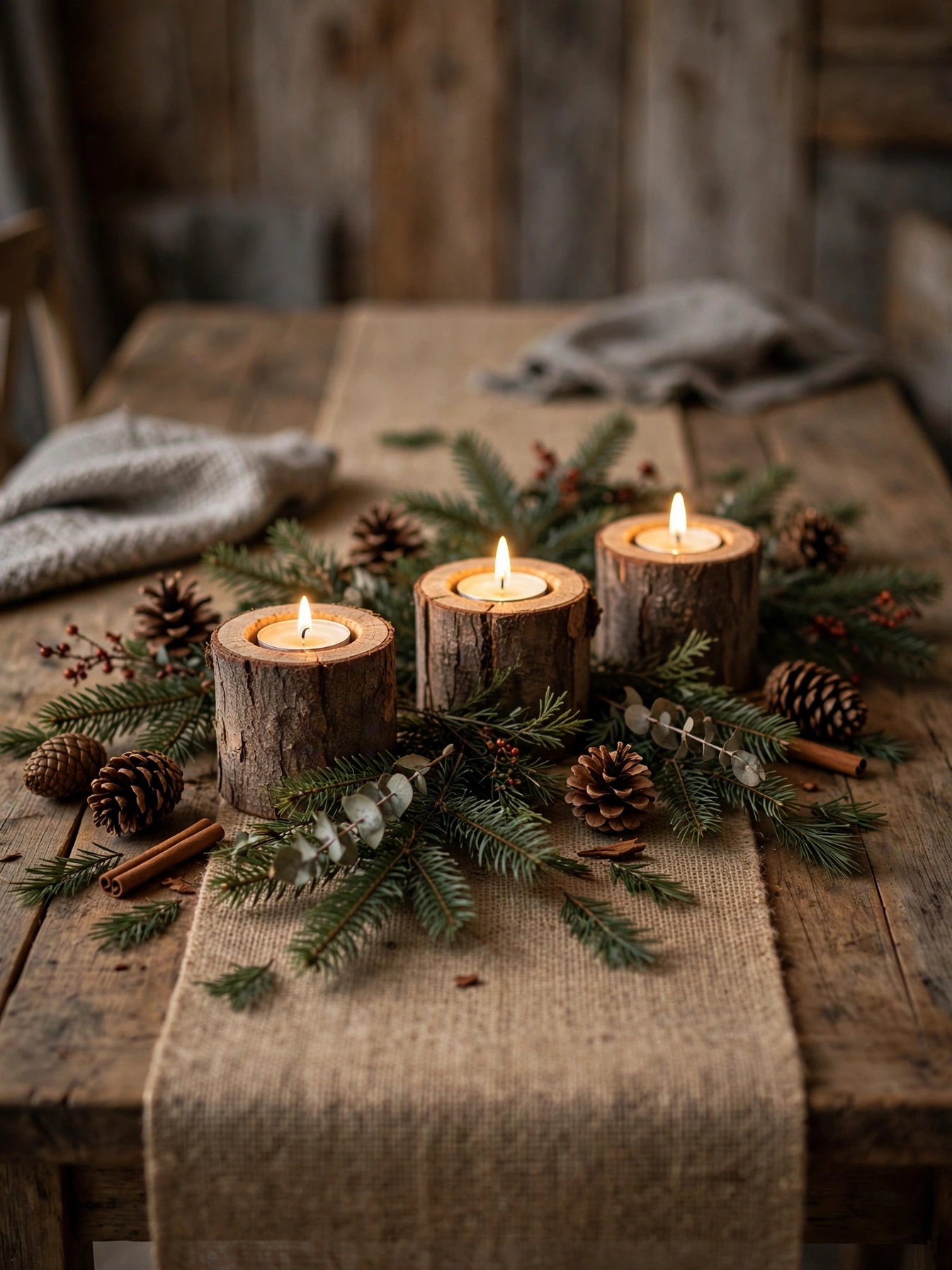 Rustic log candle holders glowing on burlap, one of the coziest diy christmas centerpiece ideas 2026