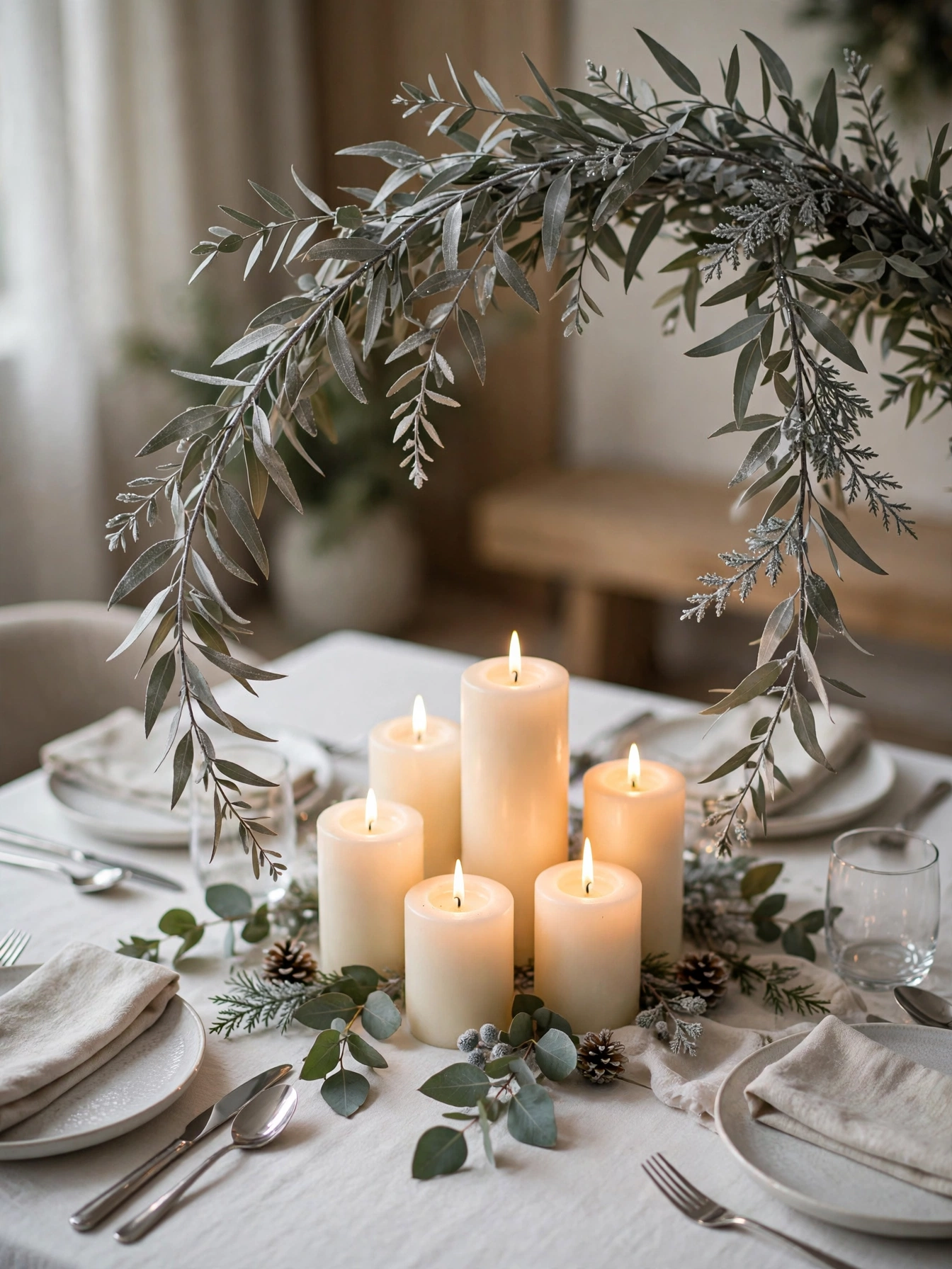 Silver dusted eucalyptus over pillar candles, one of the most serene diy christmas centerpiece ideas 2026