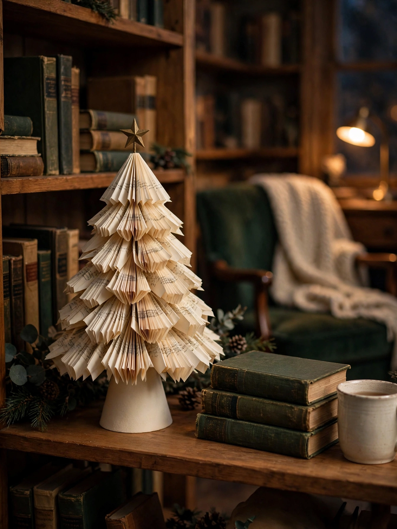Folded book page tree on a wooden bookshelf beside old hardcover books, a quiet literary idea among diy christmas decor ideas 2026.