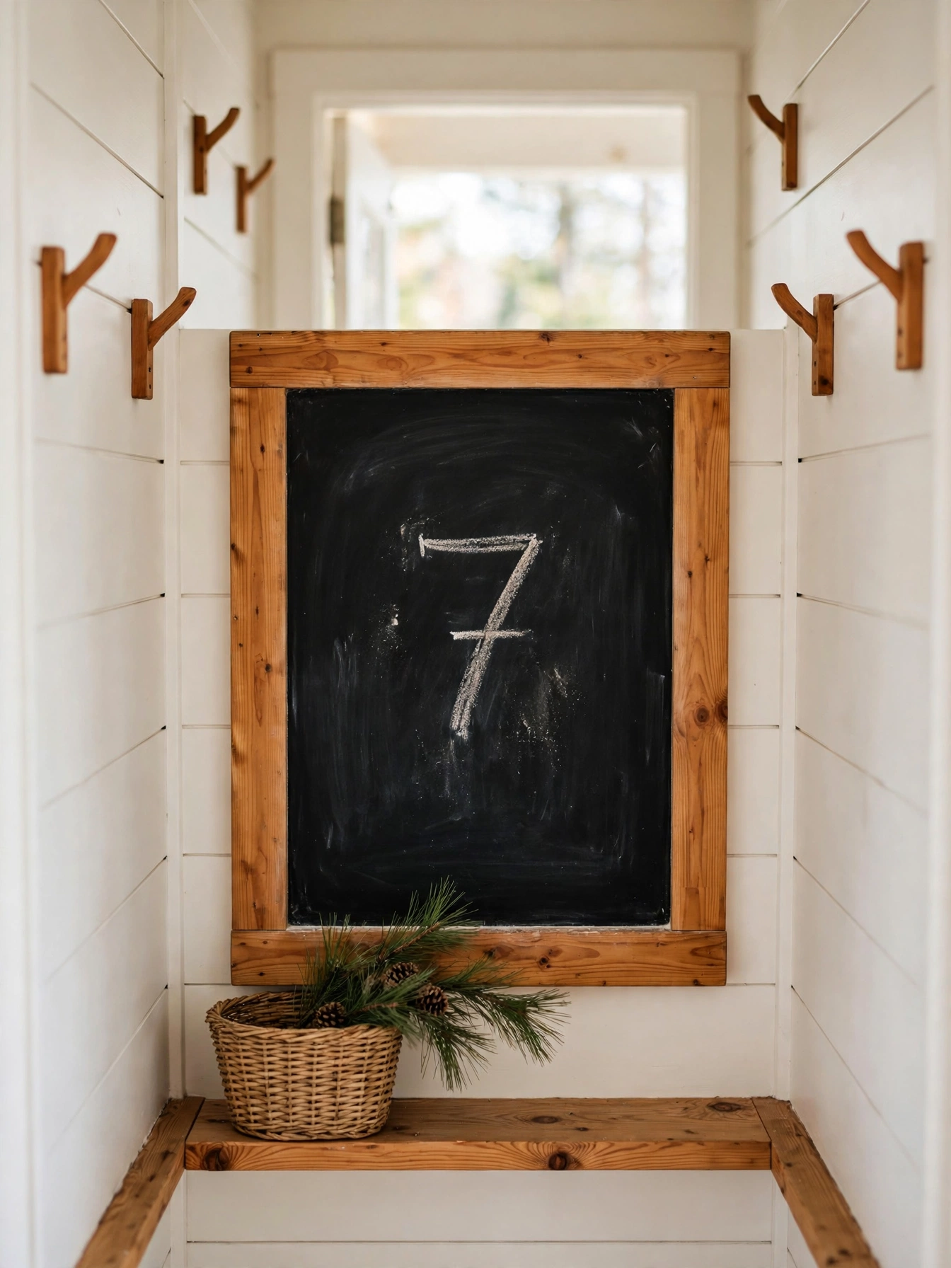 Wooden framed chalkboard countdown board with white chalk numbers in a kitchen hallway, an organized family pick from diy christmas decor ideas 2026.