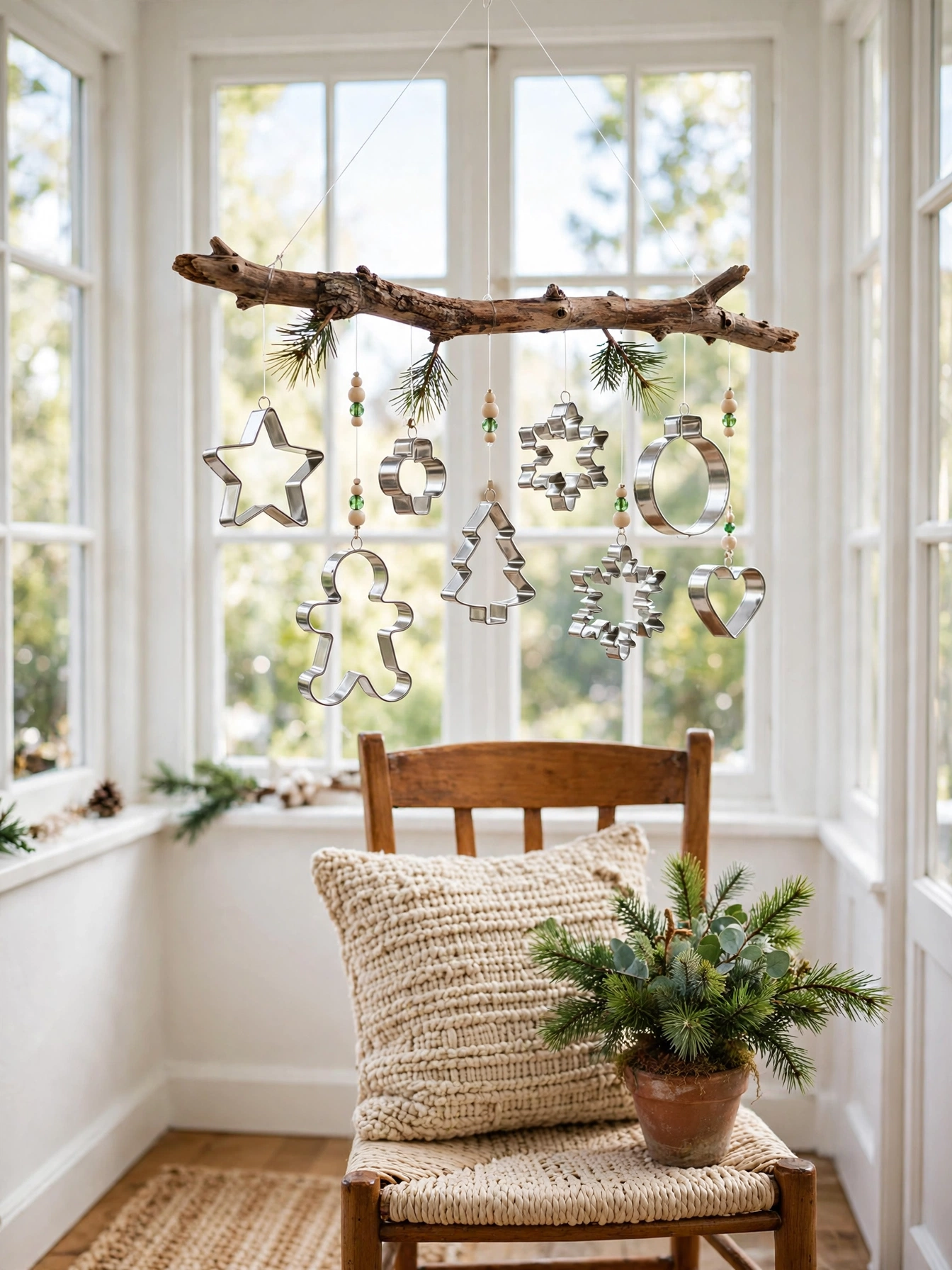 Metal cookie cutter ornaments hanging from a driftwood branch in front of a bright window, a playful handmade entry in diy christmas decor ideas 2026.