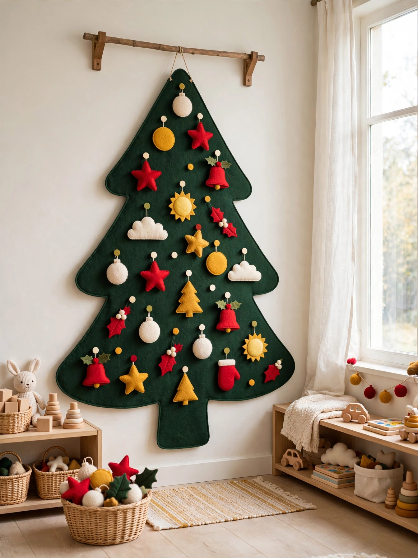 Dark green felt Christmas tree with colorful felt ornaments hanging in a playroom, a joyful family friendly idea in diy christmas decor ideas 2026.
