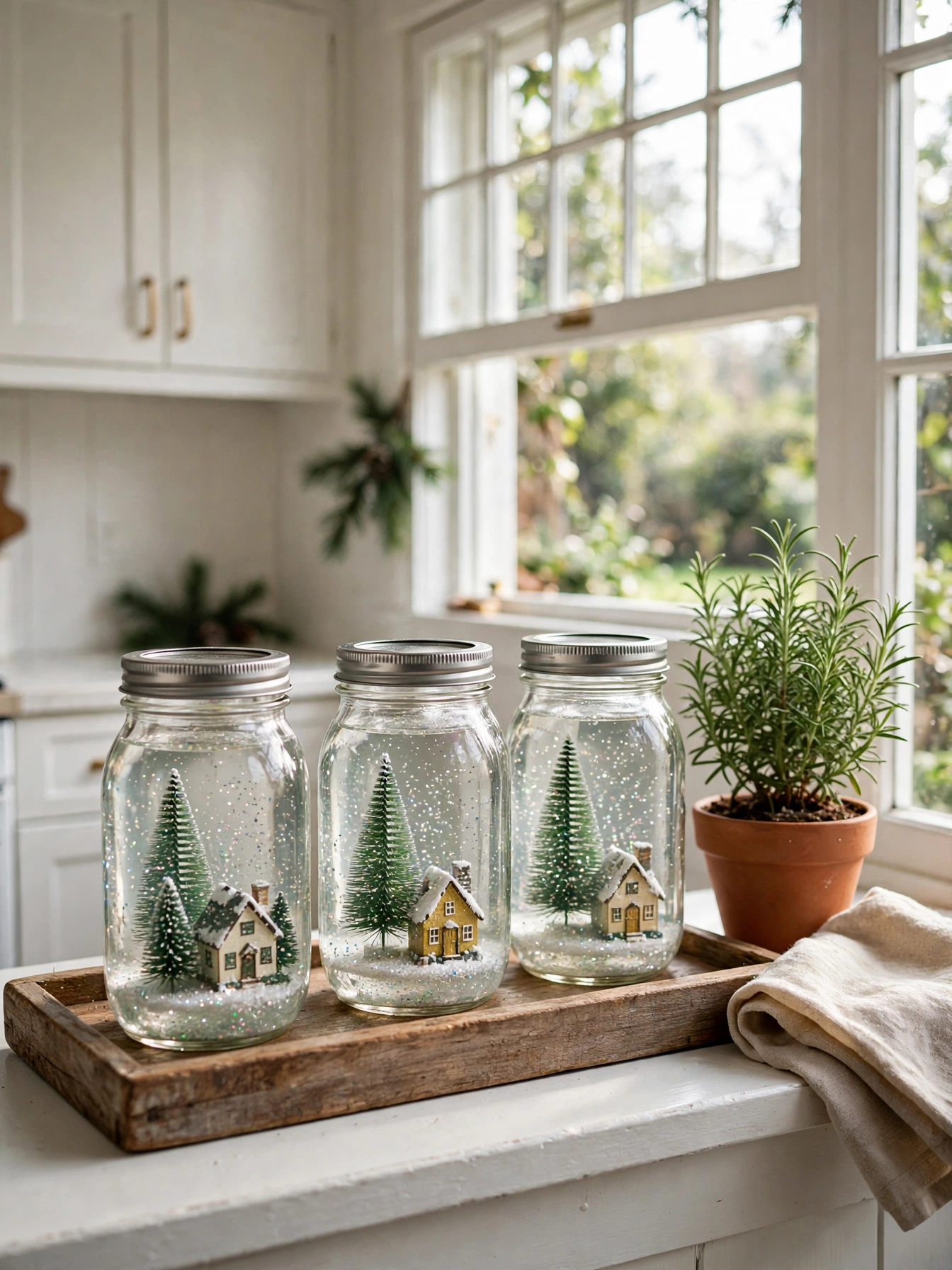 Three mason jar snow globes with tiny bottle brush trees and houses on a white windowsill, a nostalgic farmhouse pick from diy christmas decor ideas 2026.