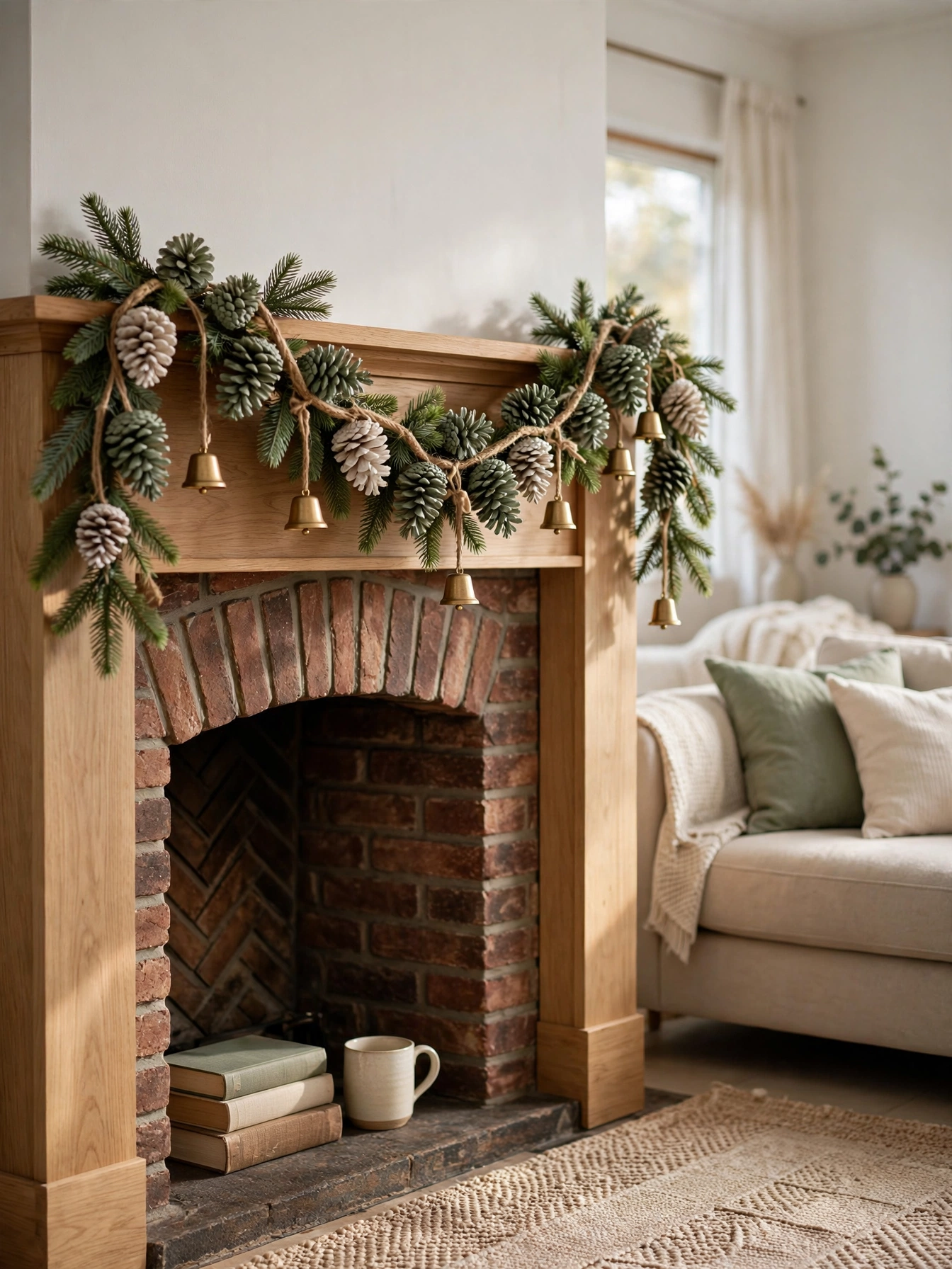 Sage and cream painted pinecone garland with brass bells and spruce on a light oak mantel, a calm Scandinavian project in diy christmas decor ideas 2026.