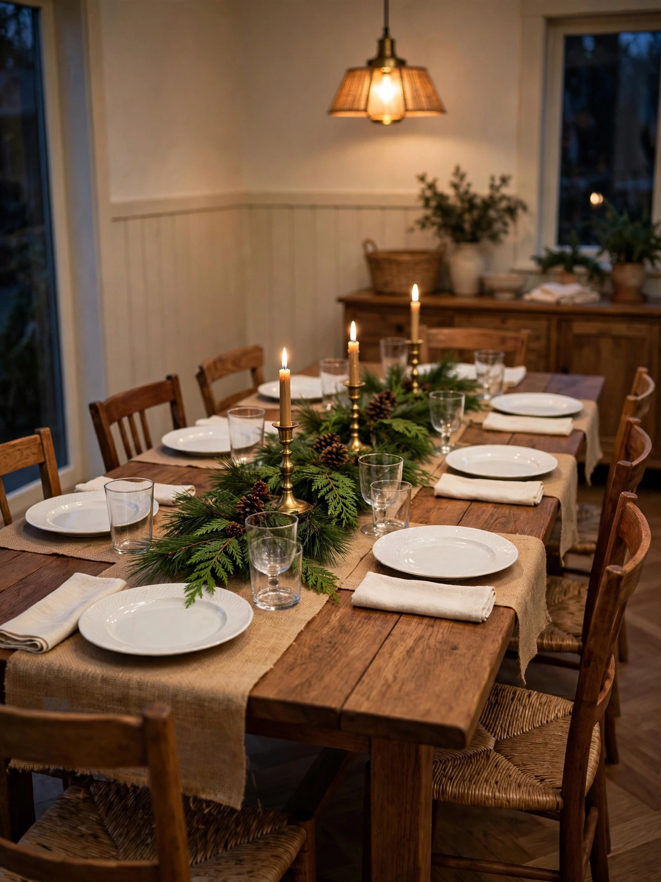 Fresh pine and cedar branch runner with pinecones down a long set dining table, a festive gathered look from diy christmas decor ideas 2026.