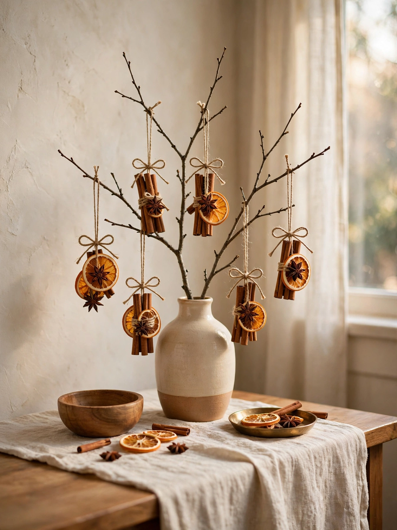 Cinnamon stick, star anise and dried orange slice bundles hanging on a bare branch in a vase, a warm fragrant entry in diy christmas decor ideas 2026.