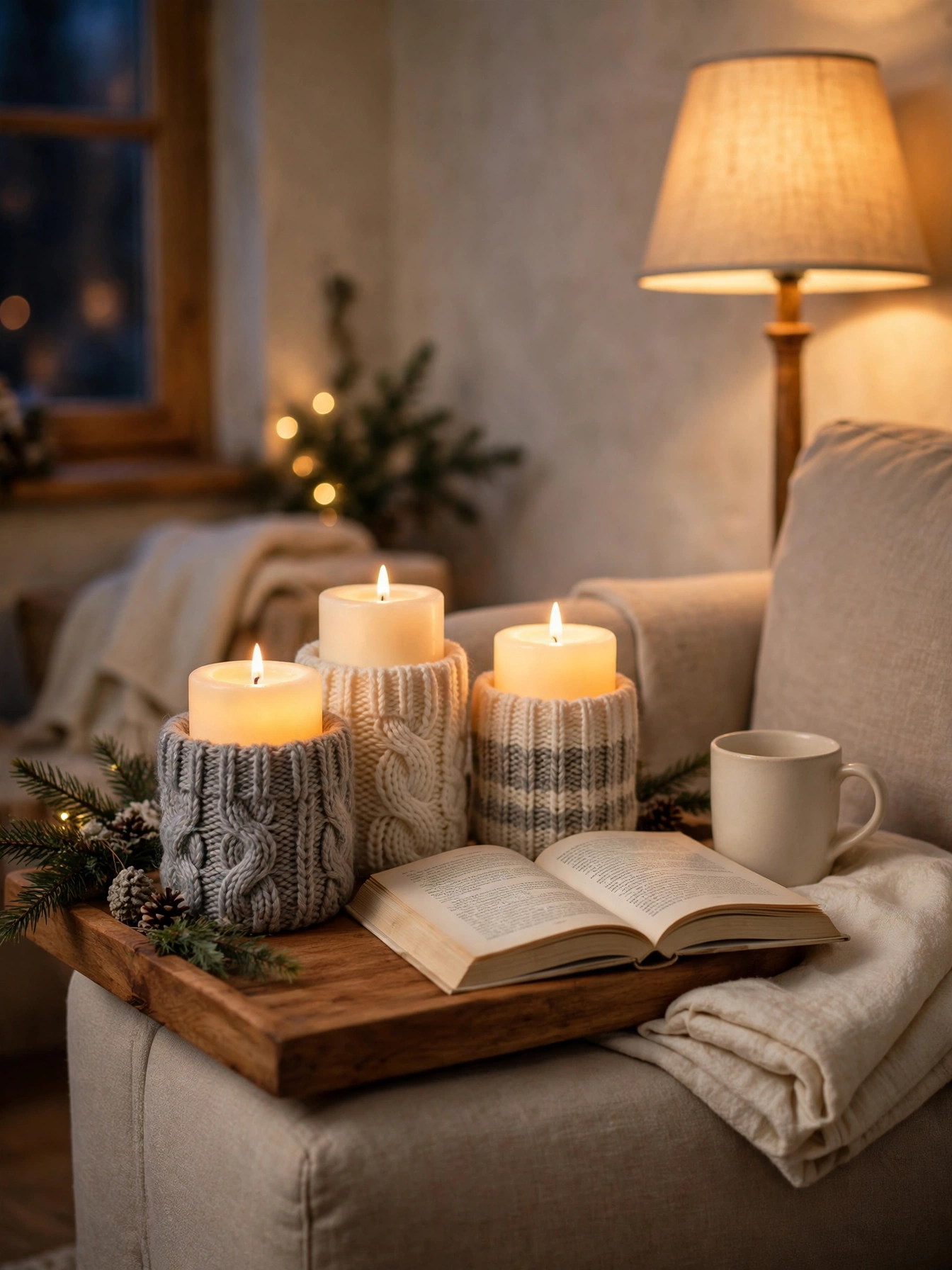 Pillar candles in gray and cream sweater knit sleeves on a wooden tray, a cozy restful idea among diy christmas decor ideas 2026.