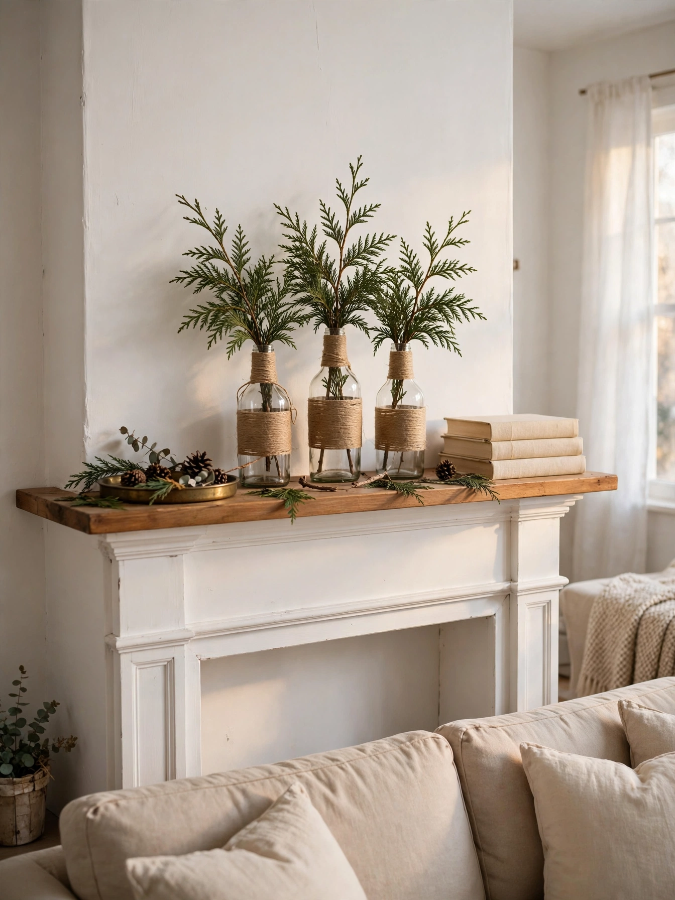 Three twine wrapped glass bottles holding cedar sprigs on a wooden mantel, a calm natural piece in diy christmas decor ideas 2026.