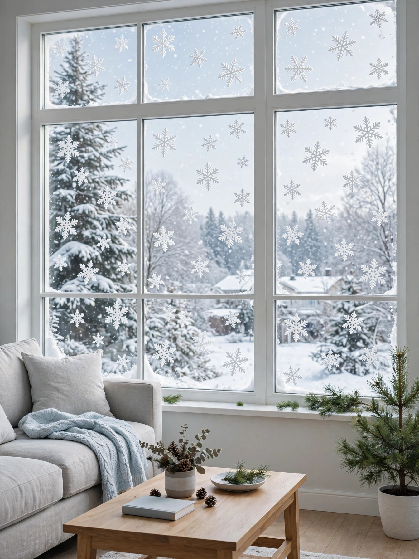 White snowflake window clings on a large living room window with a snowy view, a fresh airy look from diy christmas decor ideas 2026.