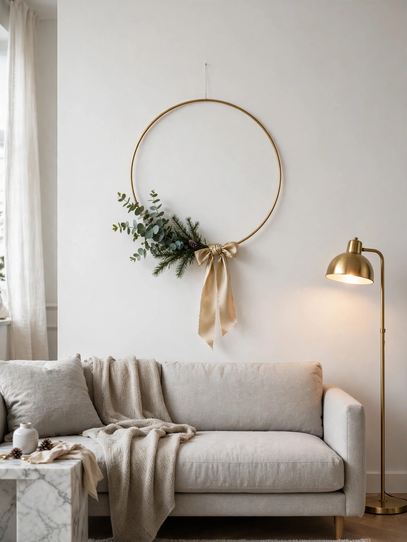 Slim brass hoop with a small eucalyptus and pine cluster at the bottom on a white wall, a minimal modern entry in diy christmas wreaths ideas 2026.