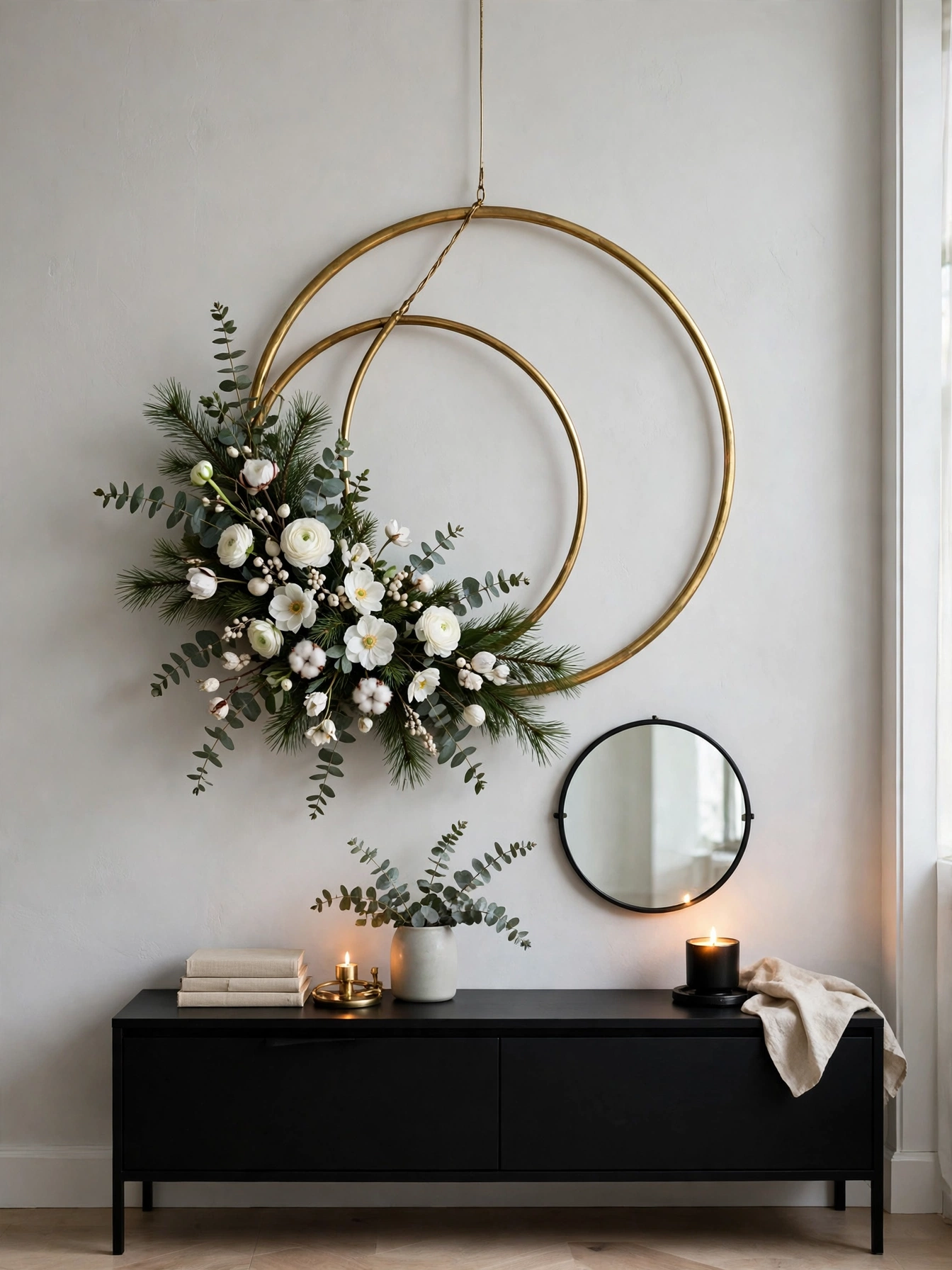 Two brass rings of different sizes with greenery and white blooms on one side, an artistic modern take on diy christmas wreaths ideas 2026.