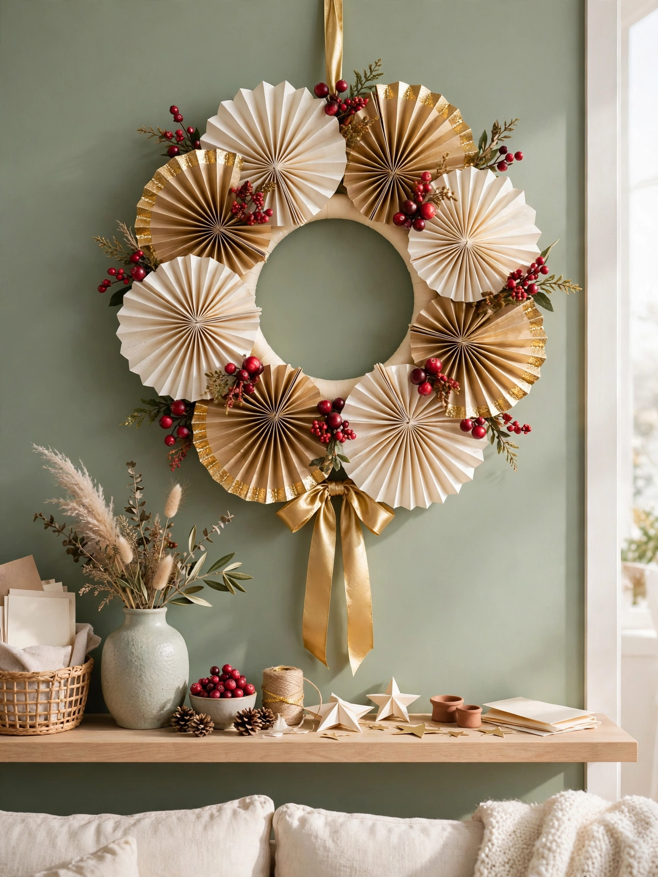 Cream and gold folded paper fans with red berries and gold ribbon on a sage wall, a light paper craft option among diy christmas wreaths ideas 2026.