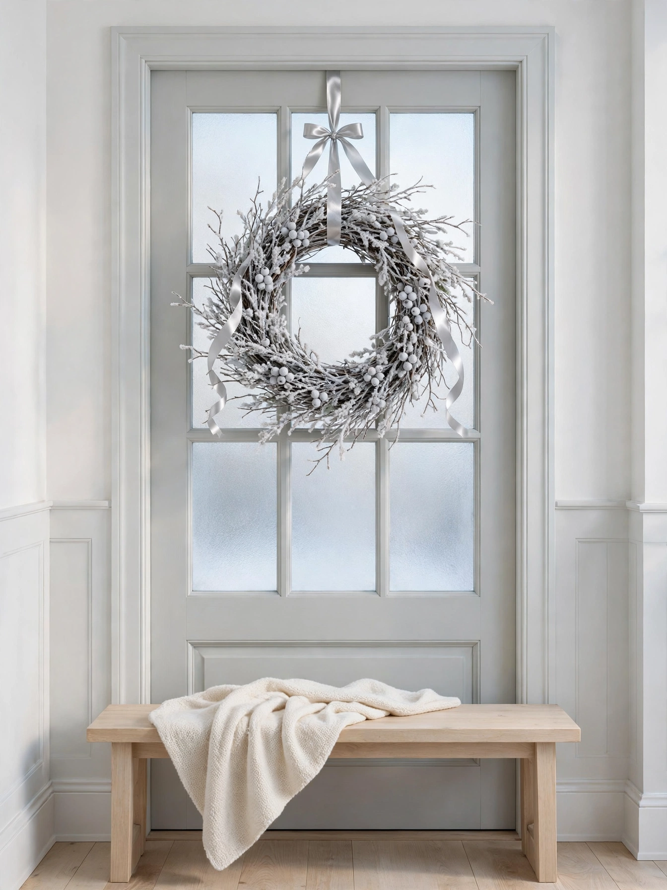 White dusted twigs and faux snowberries with a silver ribbon on a frosted glass door, a serene winter look from diy christmas wreaths ideas 2026.