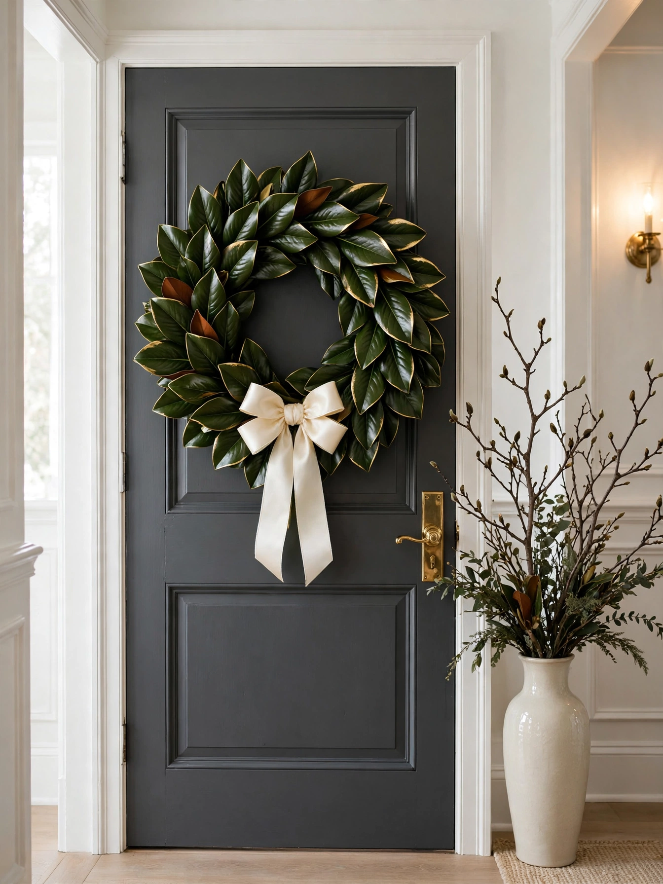 Glossy magnolia leaves with gold tipped edges and a cream satin bow on a charcoal door, an elegant Southern style in diy christmas wreaths ideas 2026.