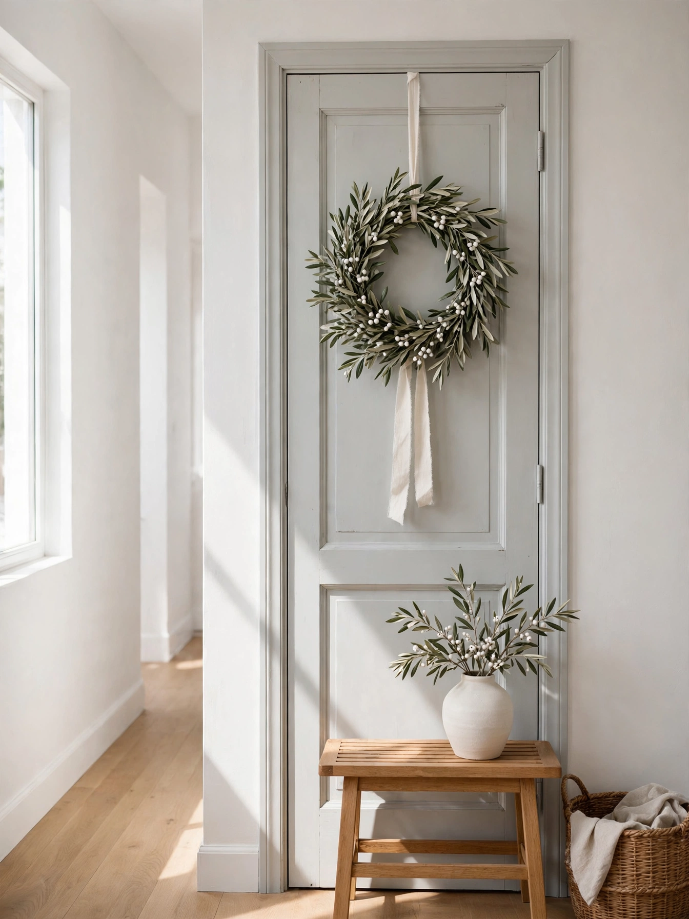 Olive branch wreath with white berries and an ivory linen ribbon on a pale gray door, a calm Mediterranean take on diy christmas wreaths ideas 2026.