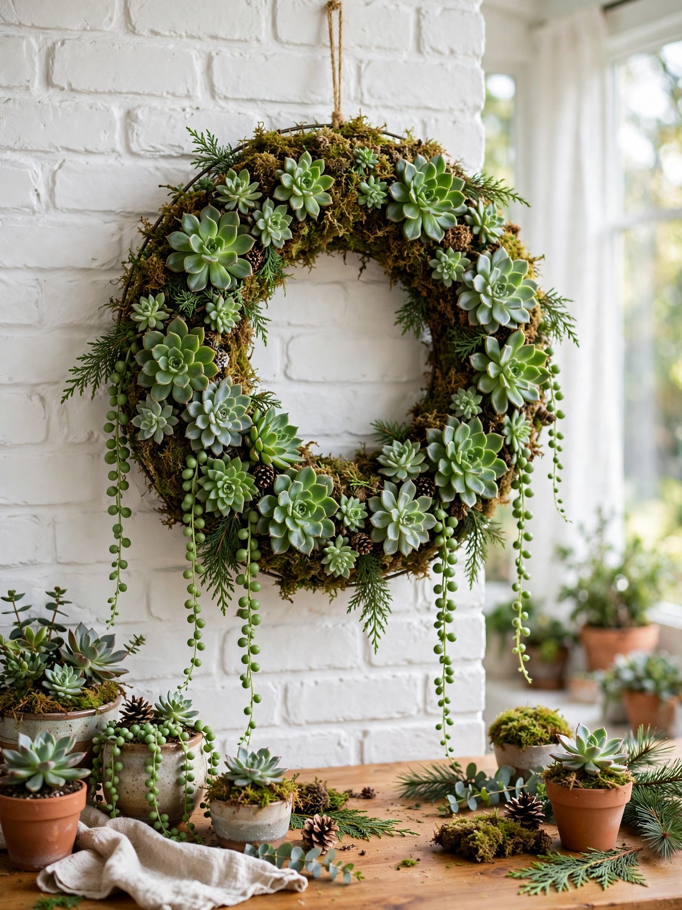 Live echeveria, trailing string of pearls and moss on a round frame against white brick, a fresh botanical entry in diy christmas wreaths ideas 2026.