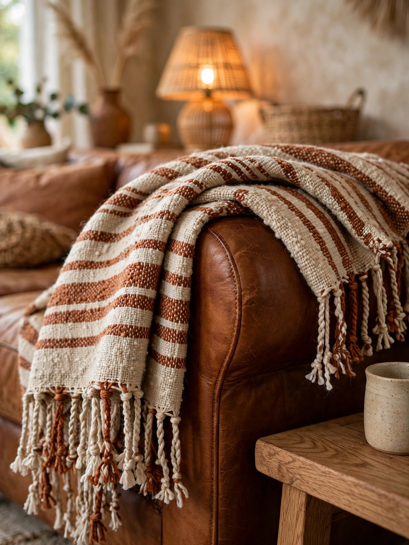 Handwoven artisan throw blankets with fringe draped over a leather sofa, cozy earthy boho living room ideas layers