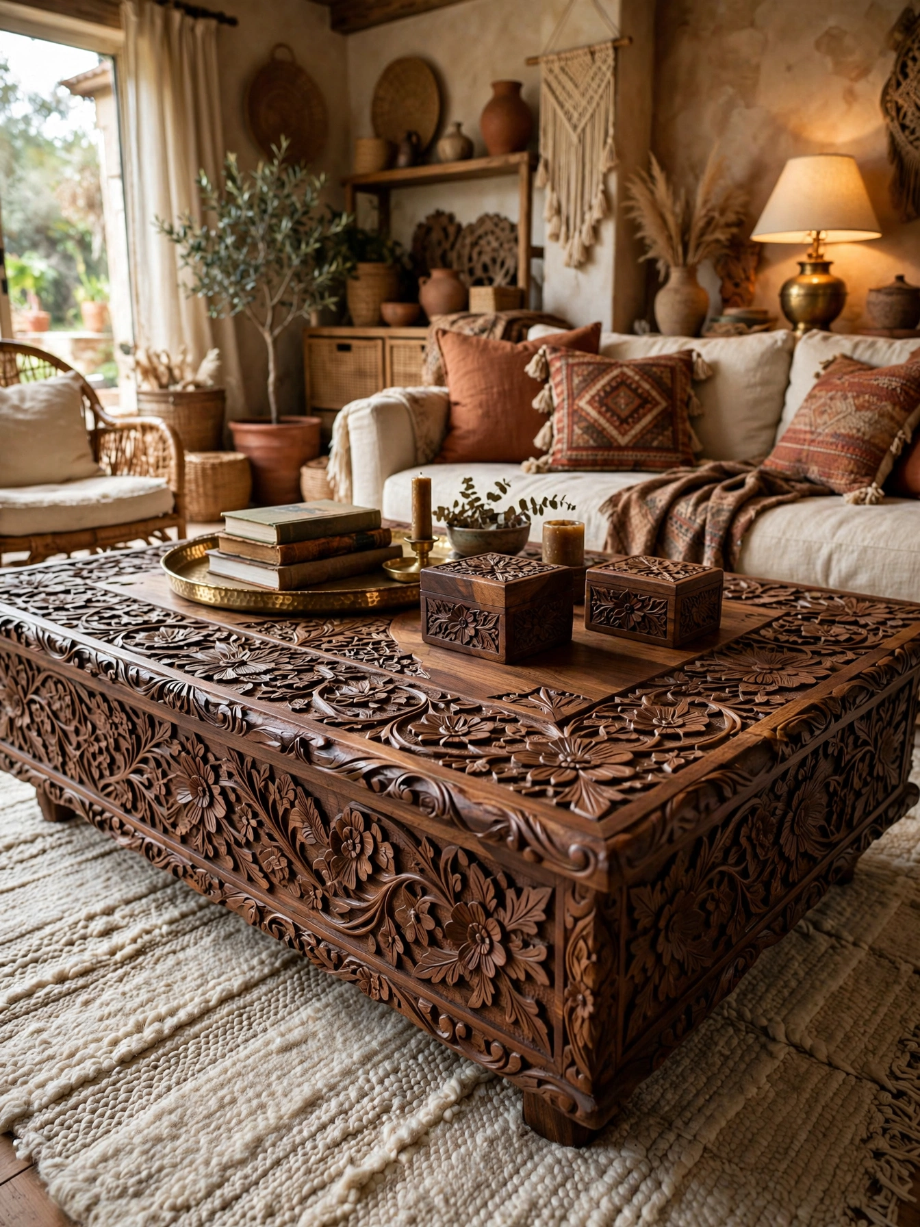 Oversized mudcloth and kilim floor cushions around a low tray table, casual earthy boho living room ideas seating