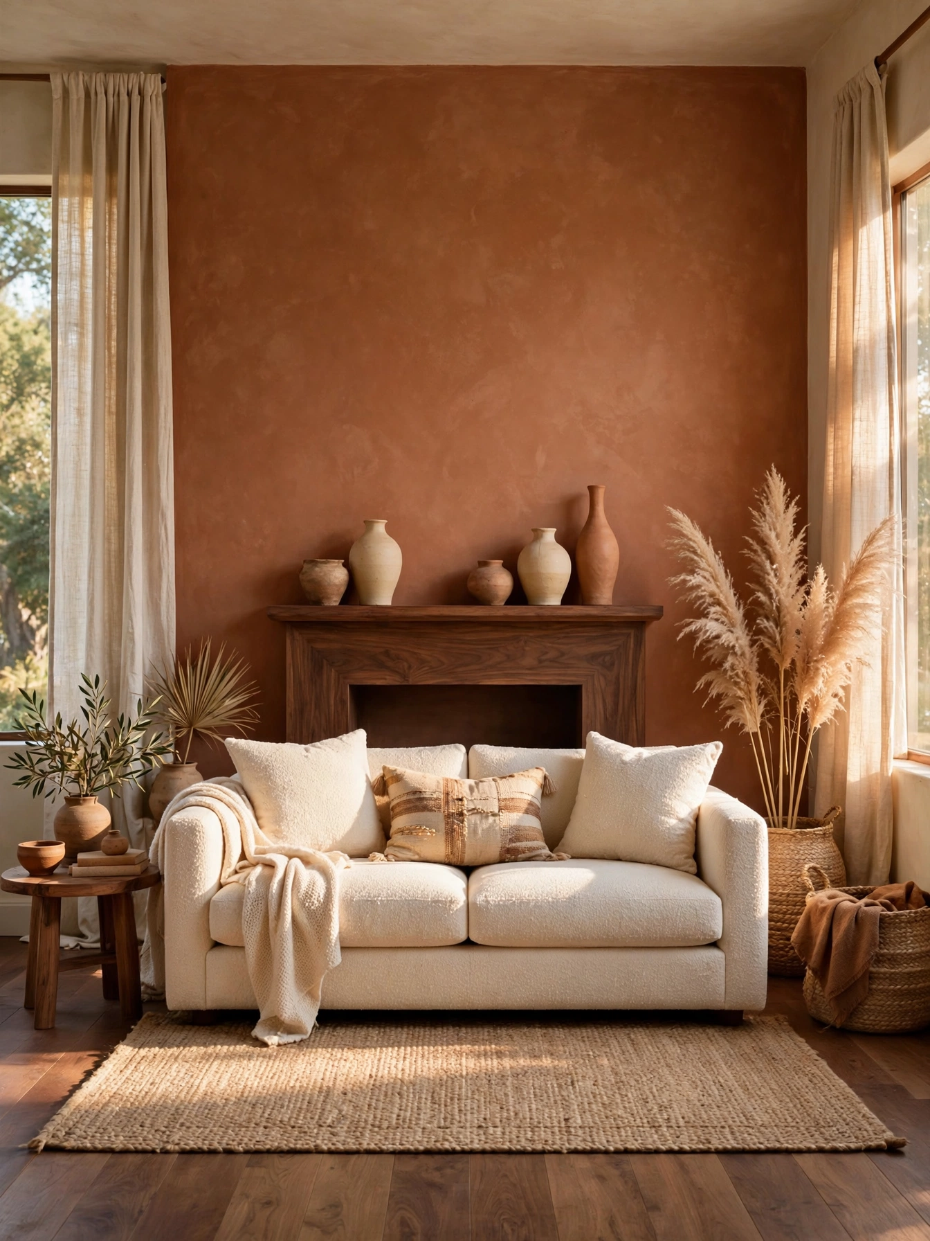 Cluster of handmade clay and terracotta pots on a hearth, artisan earthy boho living room ideas styling