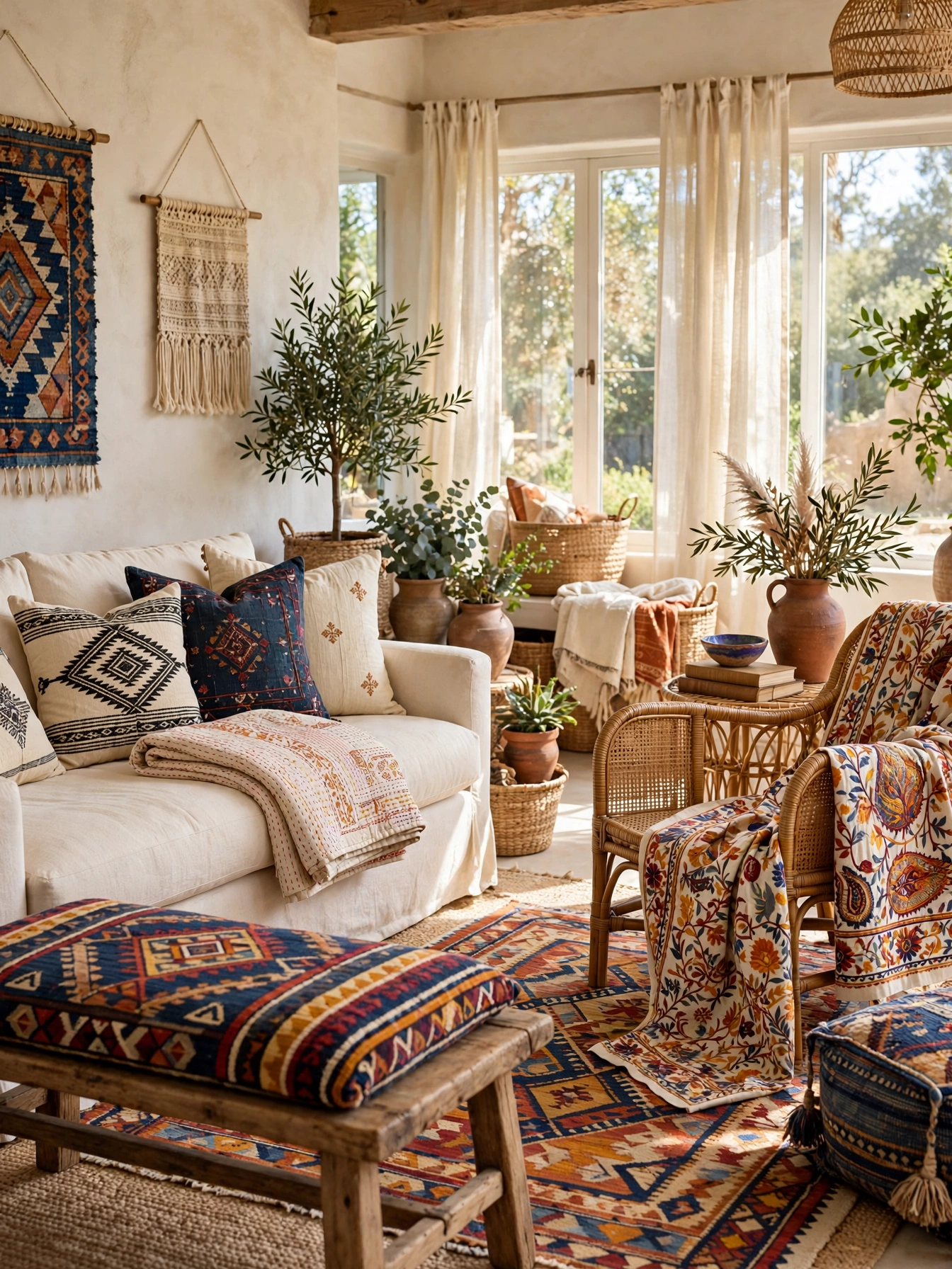 Living room mixing mudcloth, kantha, kilim, and suzani textiles in harmony, global earthy boho living room ideas blend