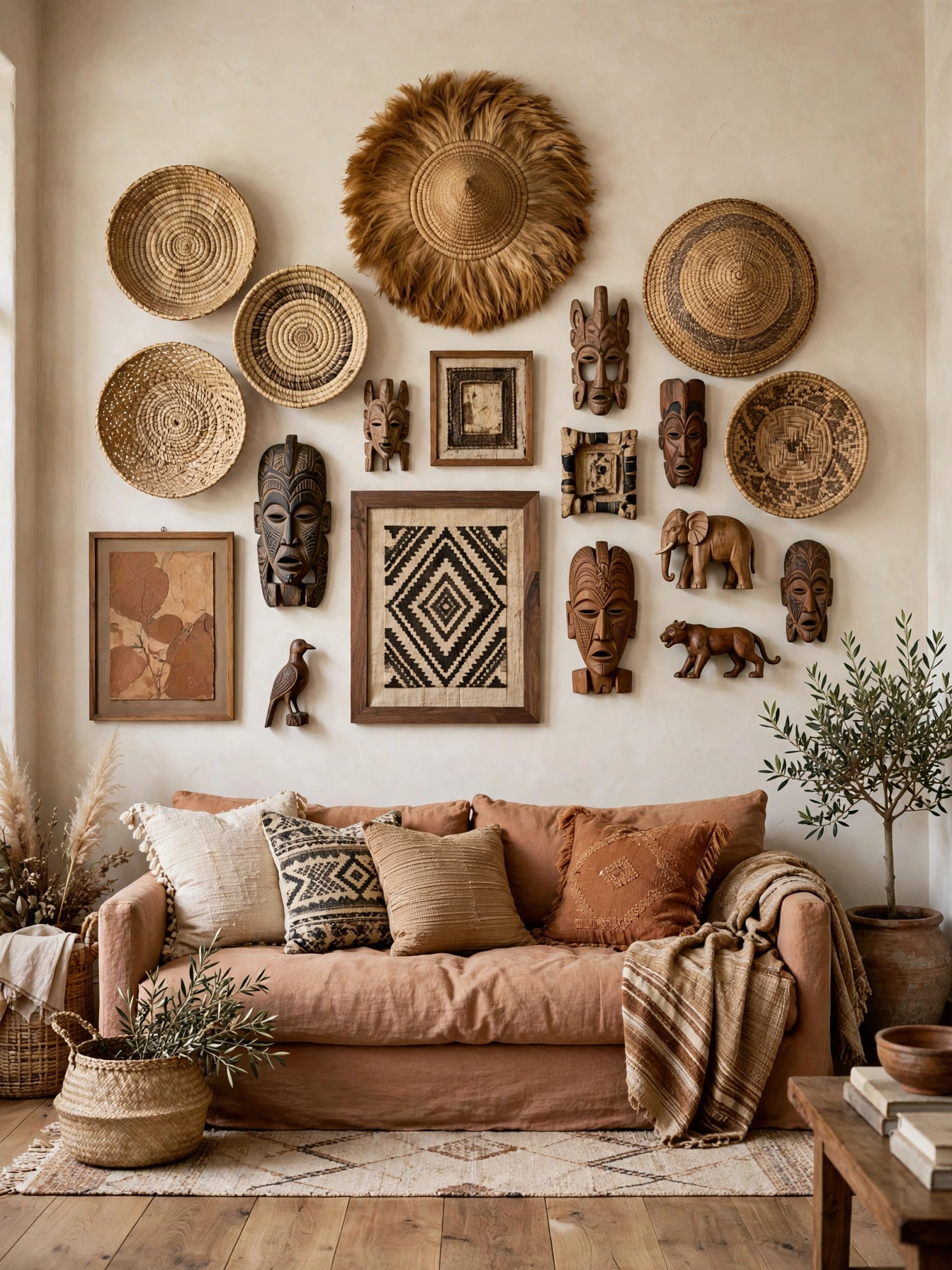 Handmade ceramic vases in earthy glazes arranged on a reclaimed wood mantel, quiet earthy boho living room ideas display