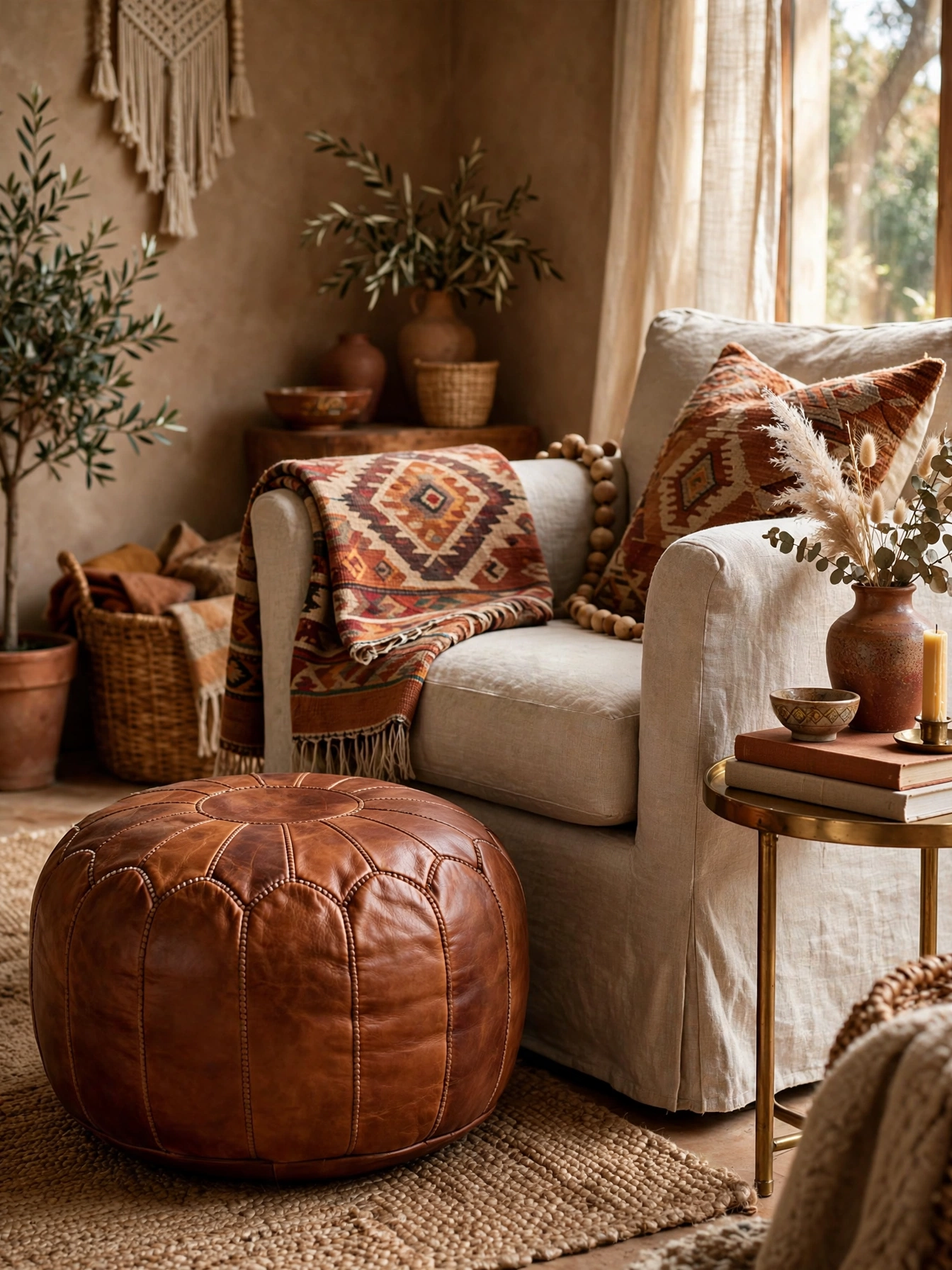 Cognac leather pouf as a footrest beside a linen armchair, rich earthy boho living room ideas accent