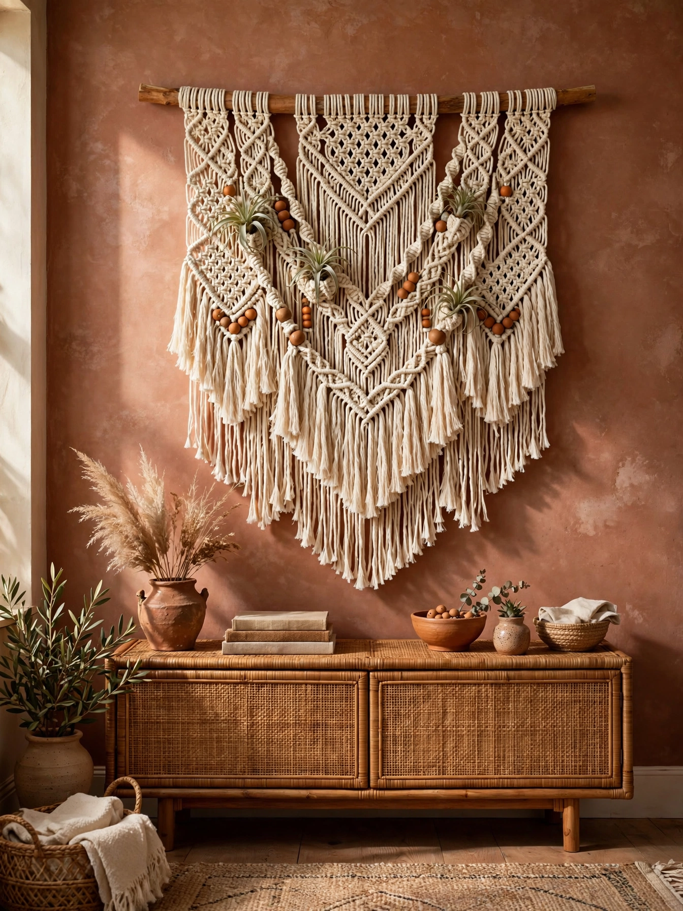 Handmade macrame wall hanging with wooden dowel above a rattan console, crafty earthy boho living room ideas art