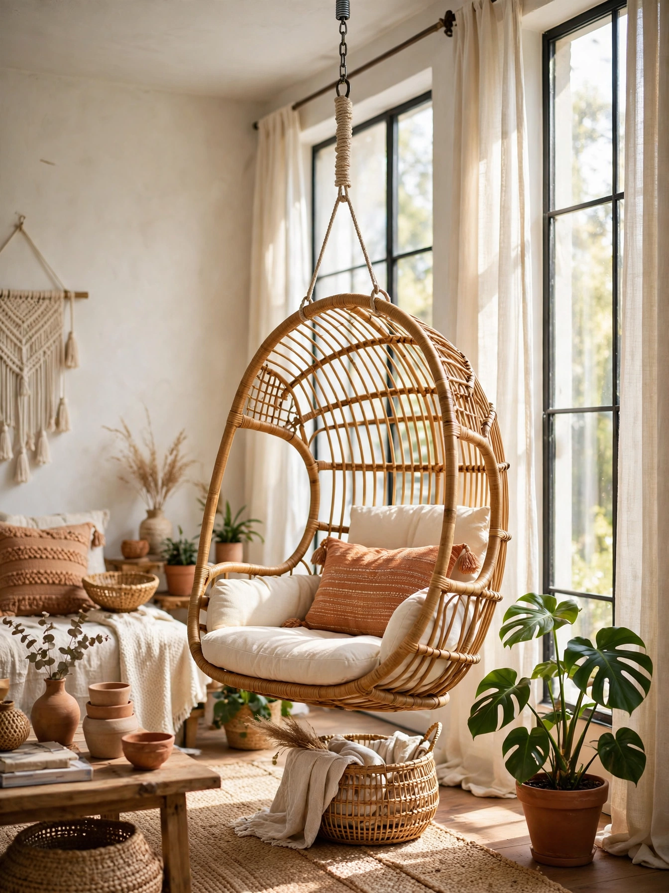 Terracotta accent wall behind a cream boucle sofa, a warm take on earthy boho living room ideas