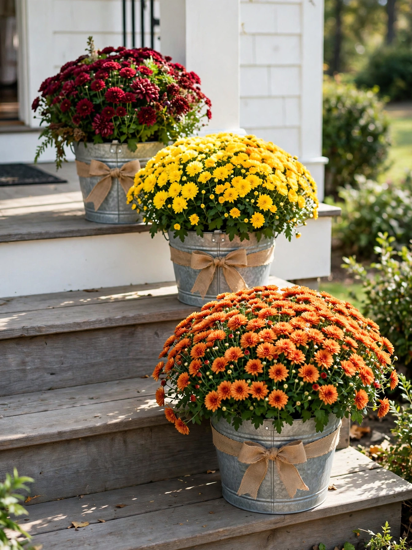 Galvanized metal buckets overflowing with colorful mums on porch steps, fall front porch decor ideas for autumn 2026