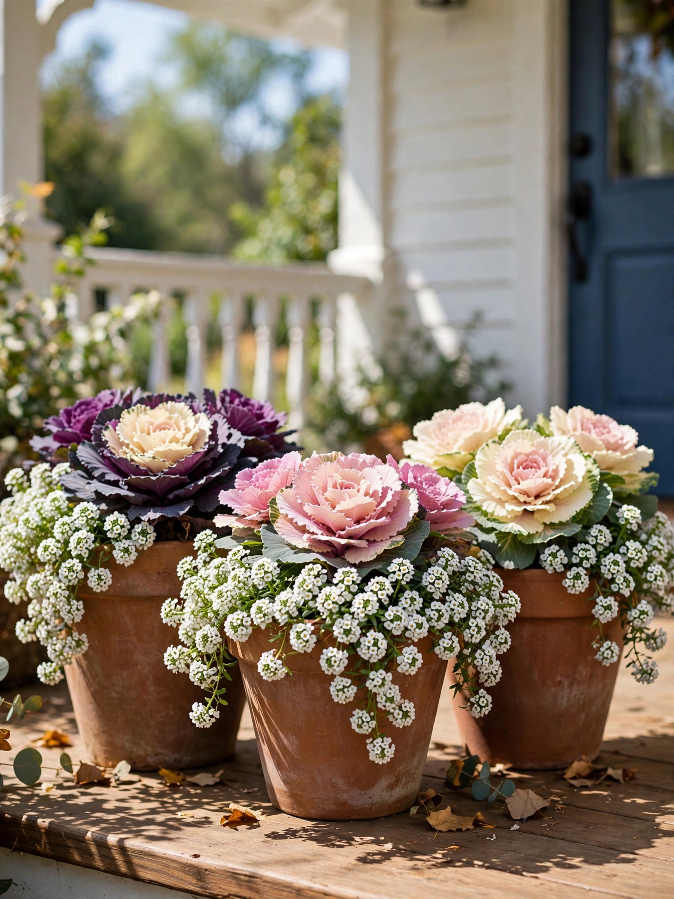 Ornamental kale and cabbage in purple and cream planted in porch pots, fall front porch decor ideas for autumn 2026