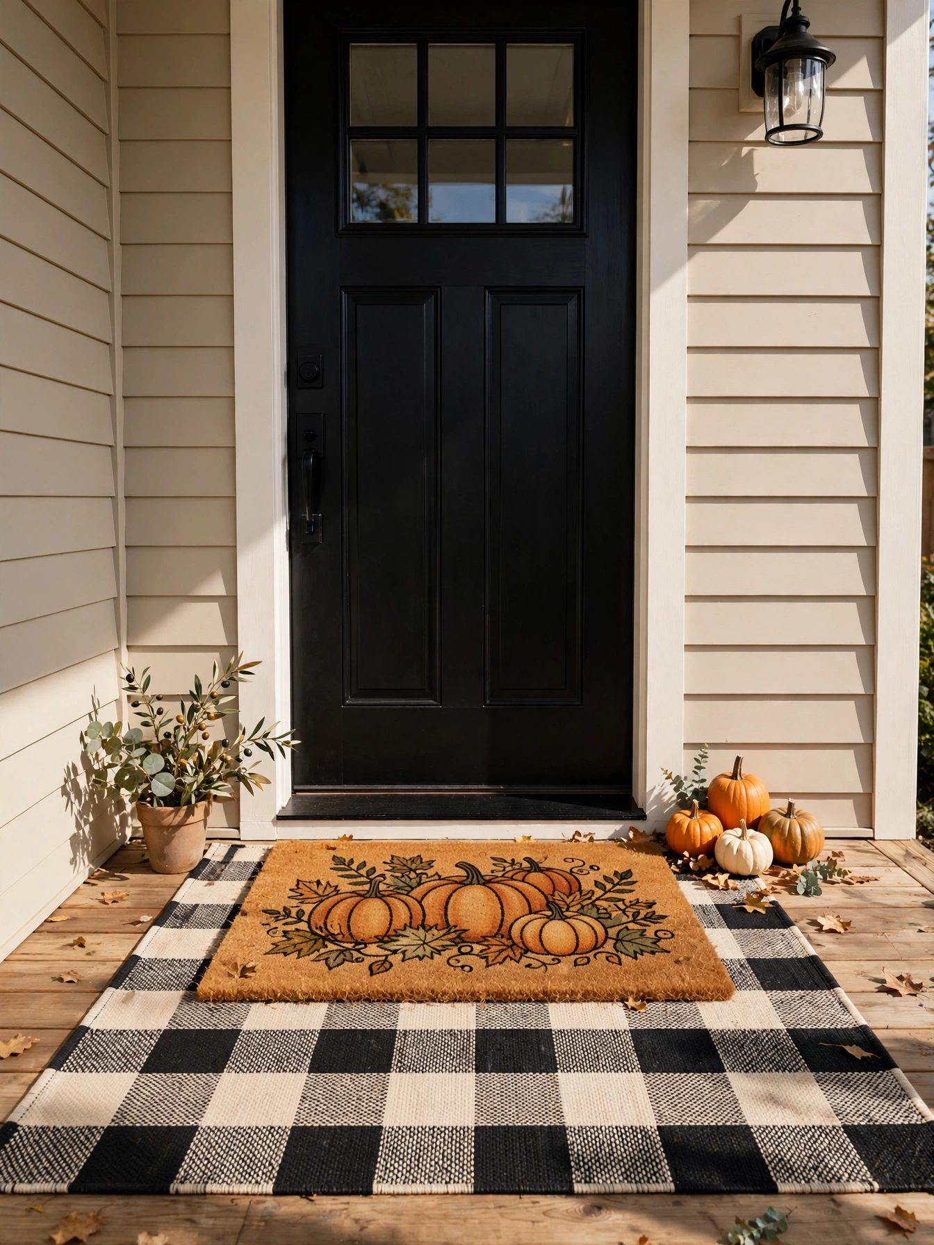 Layered doormats with a plaid rug under a fall welcome mat at a front door, fall front porch decor ideas for autumn 2026