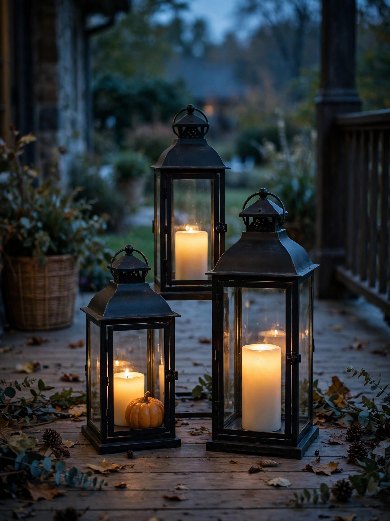 Three oversized black lanterns of varying heights with candles on a porch, fall front porch decor ideas for autumn 2026