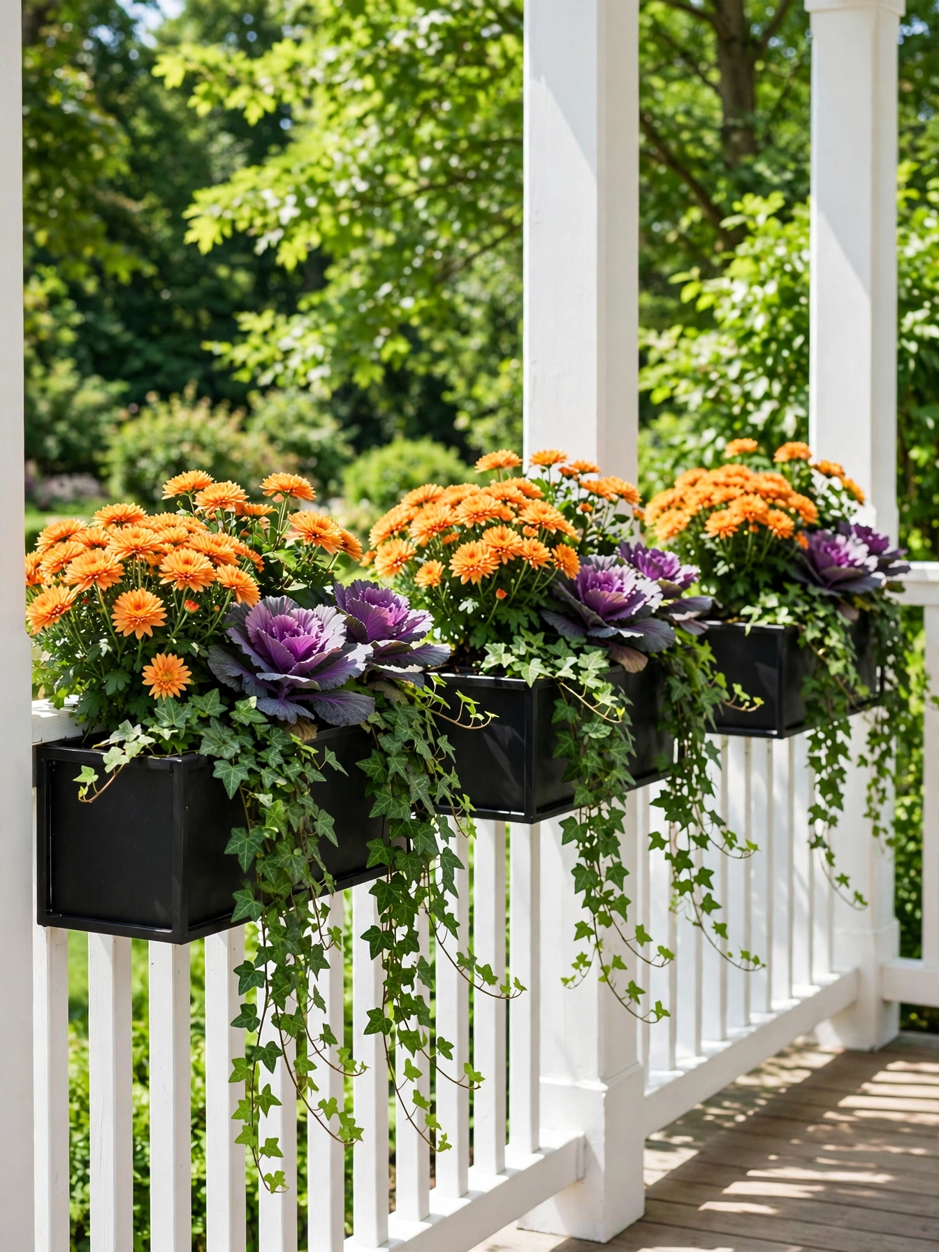 Railing planter boxes with trailing ivy, mums and ornamental cabbage, fall front porch decor ideas for autumn 2026