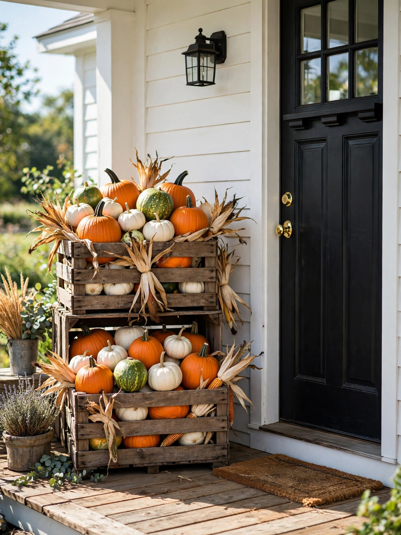 Wooden crates stacked with pumpkins and gourds beside a front door, fall front porch decor ideas for autumn 2026