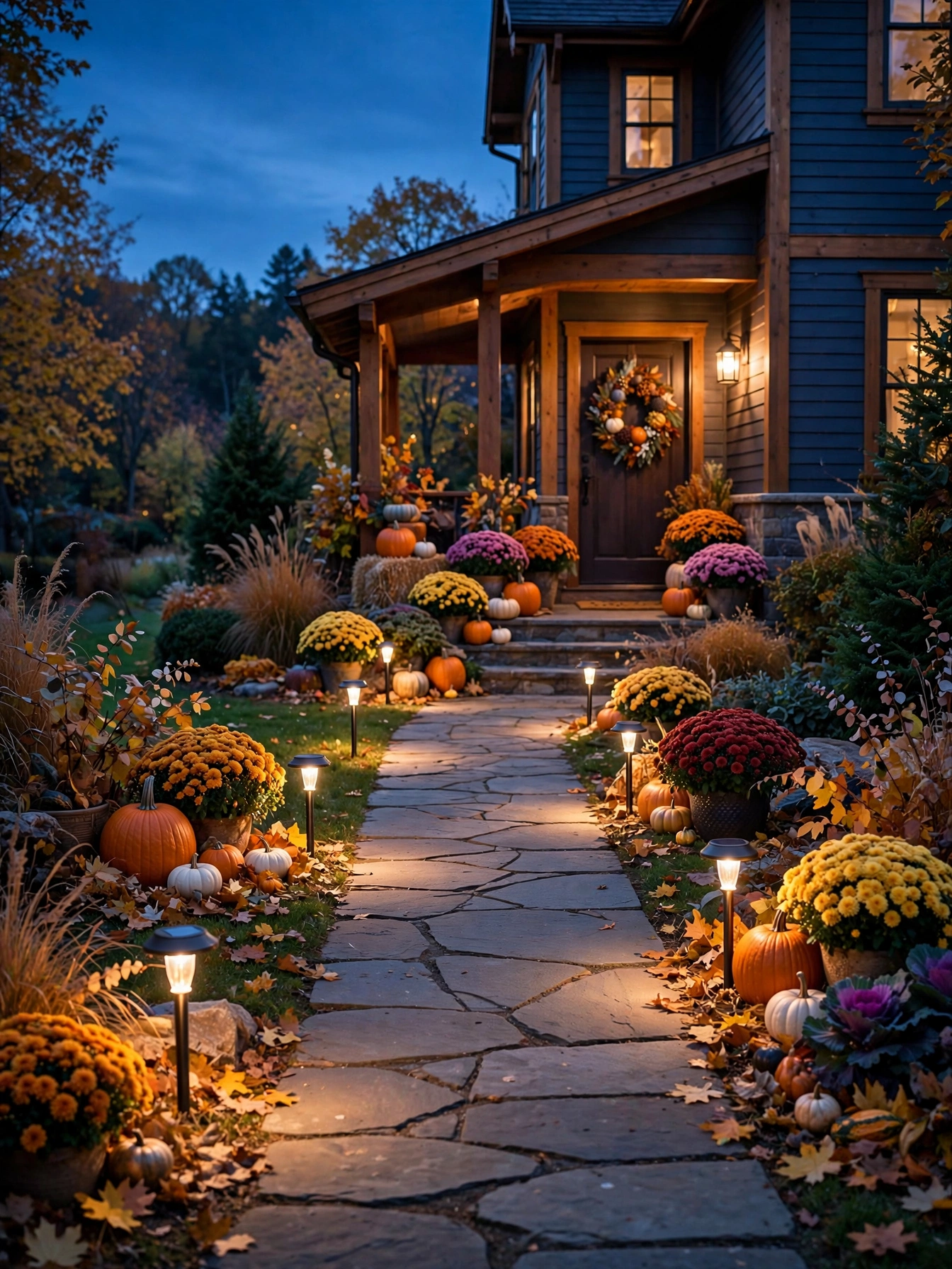Solar path lights glowing along a walkway to a fall decorated porch, fall front porch decor ideas for autumn 2026