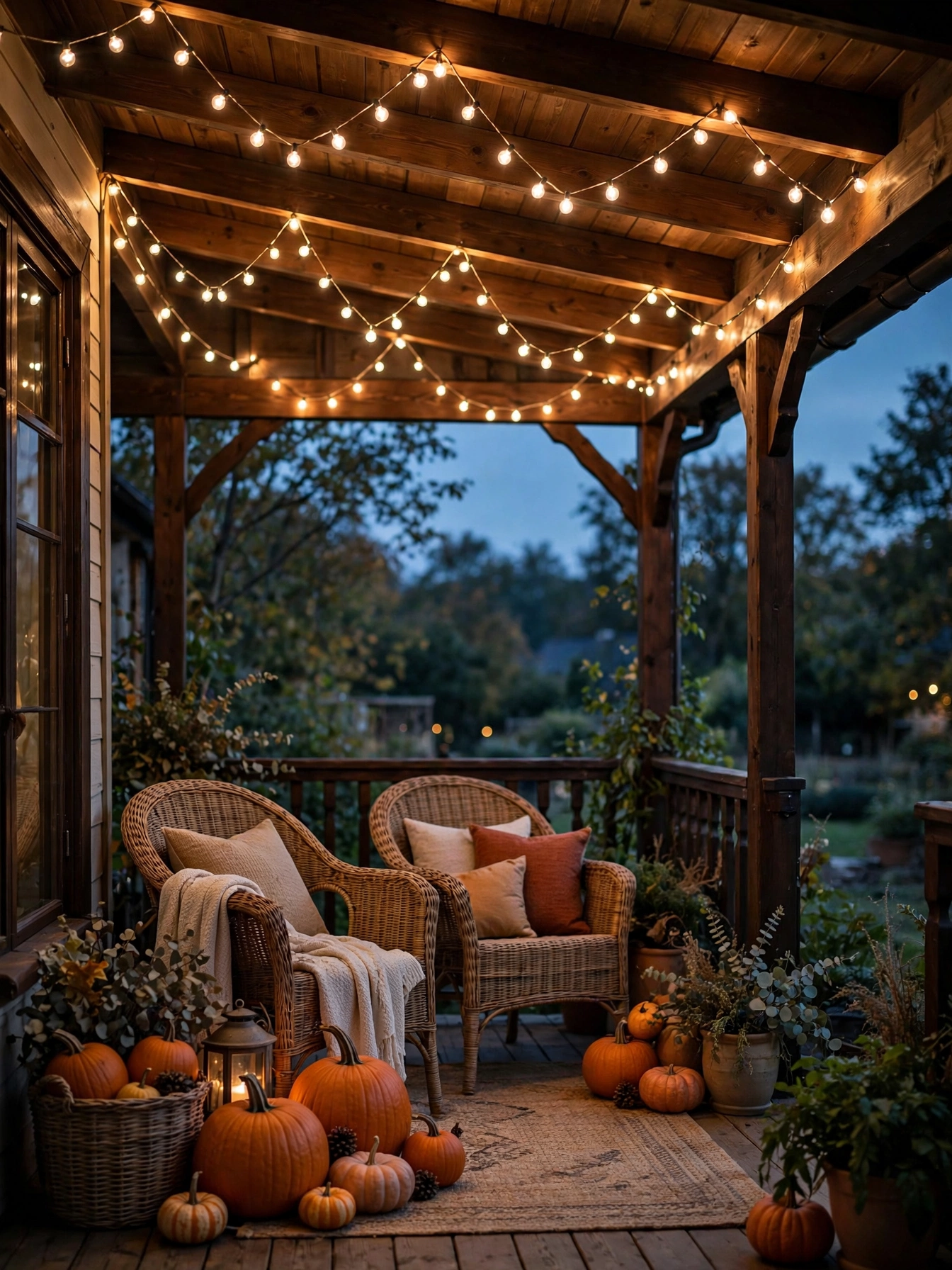 Warm string lights zigzagged across a porch ceiling glowing at golden hour, fall front porch decor ideas for autumn 2026