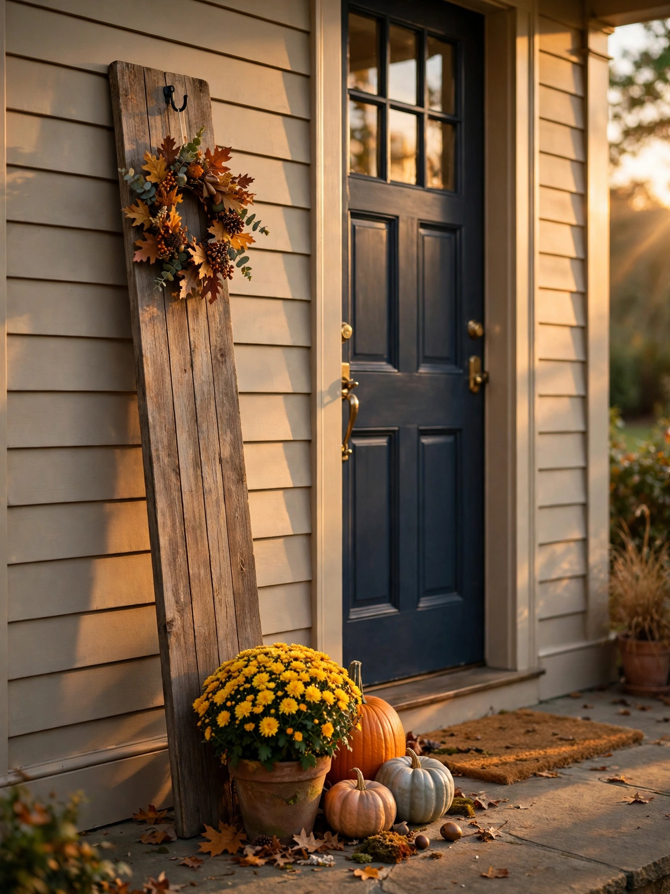 Tall wooden welcome sign with autumn wreath beside a front door, fall front porch decor ideas for autumn 2026