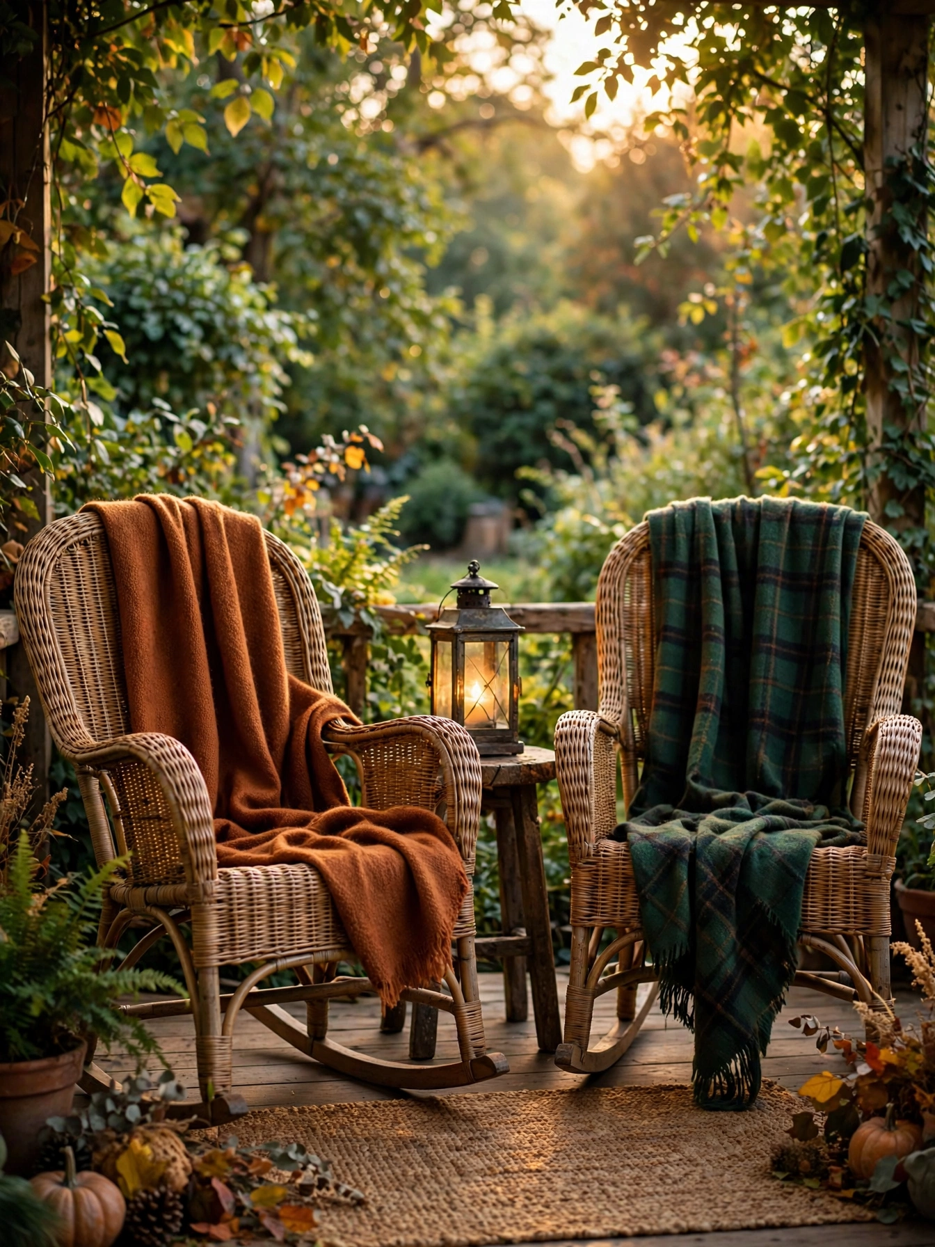 Wicker porch chairs with plaid wool throws draped over the backs, fall front porch decor ideas for autumn 2026