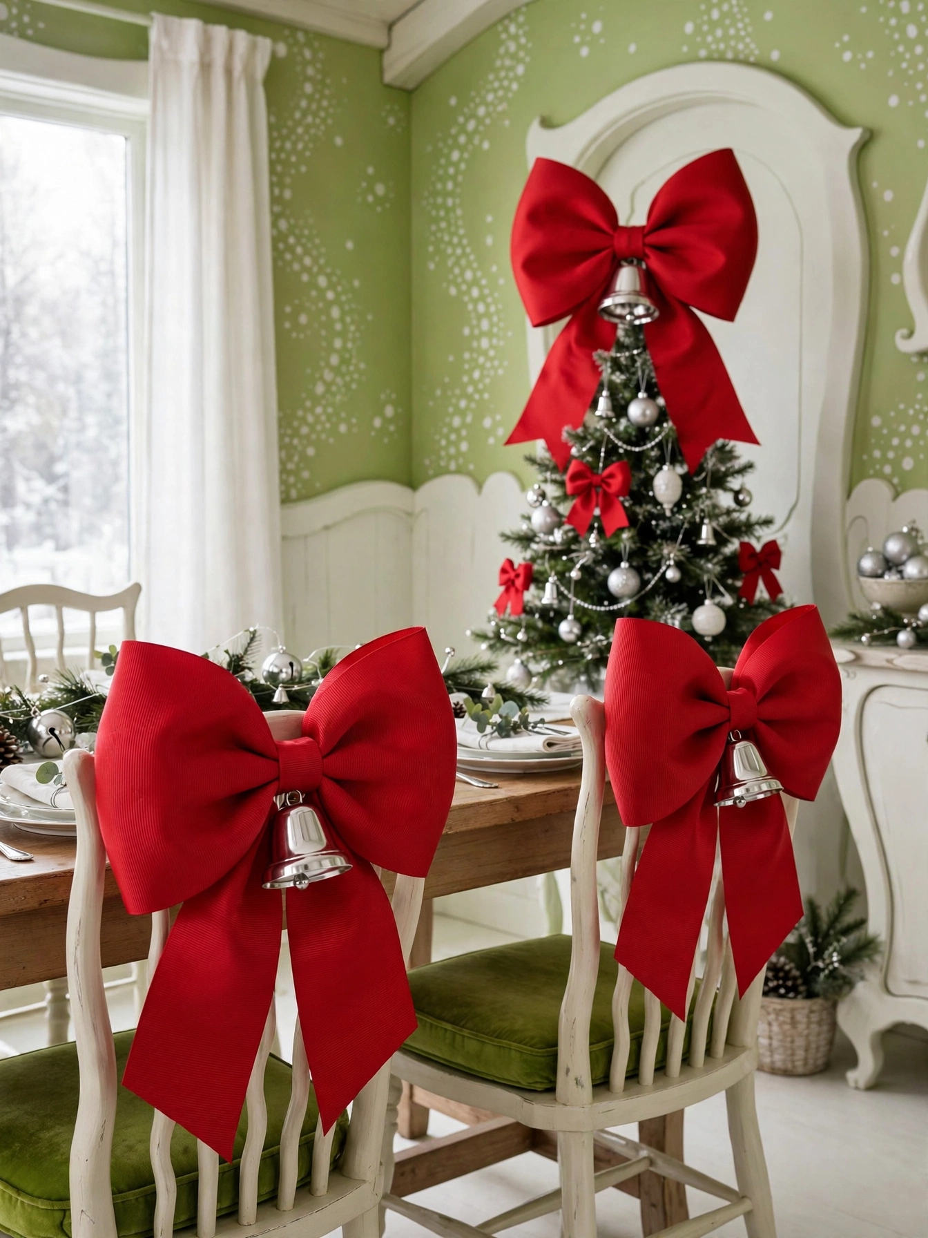 Grinch Christmas decorations ideas 2026: dining chairs decorated with oversized red grosgrain bows