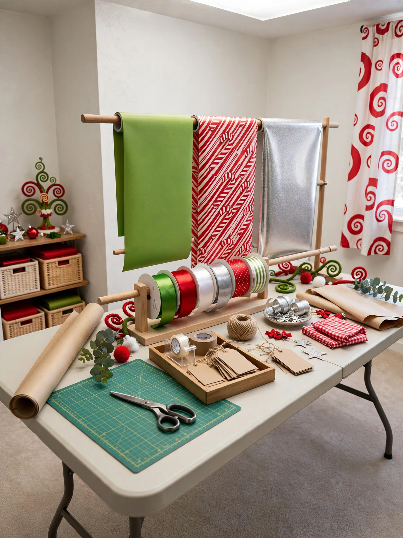 Grinch Christmas decorations ideas 2026: gift wrap station with green, striped, and silver wrapping paper rolls