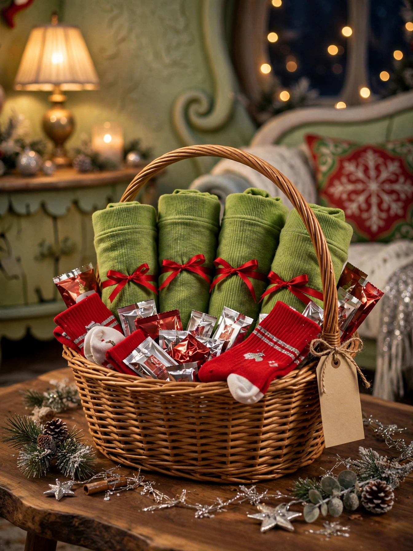 Grinch Christmas decorations ideas 2026: woven basket filled with rolled green pajama sets and cocoa packets