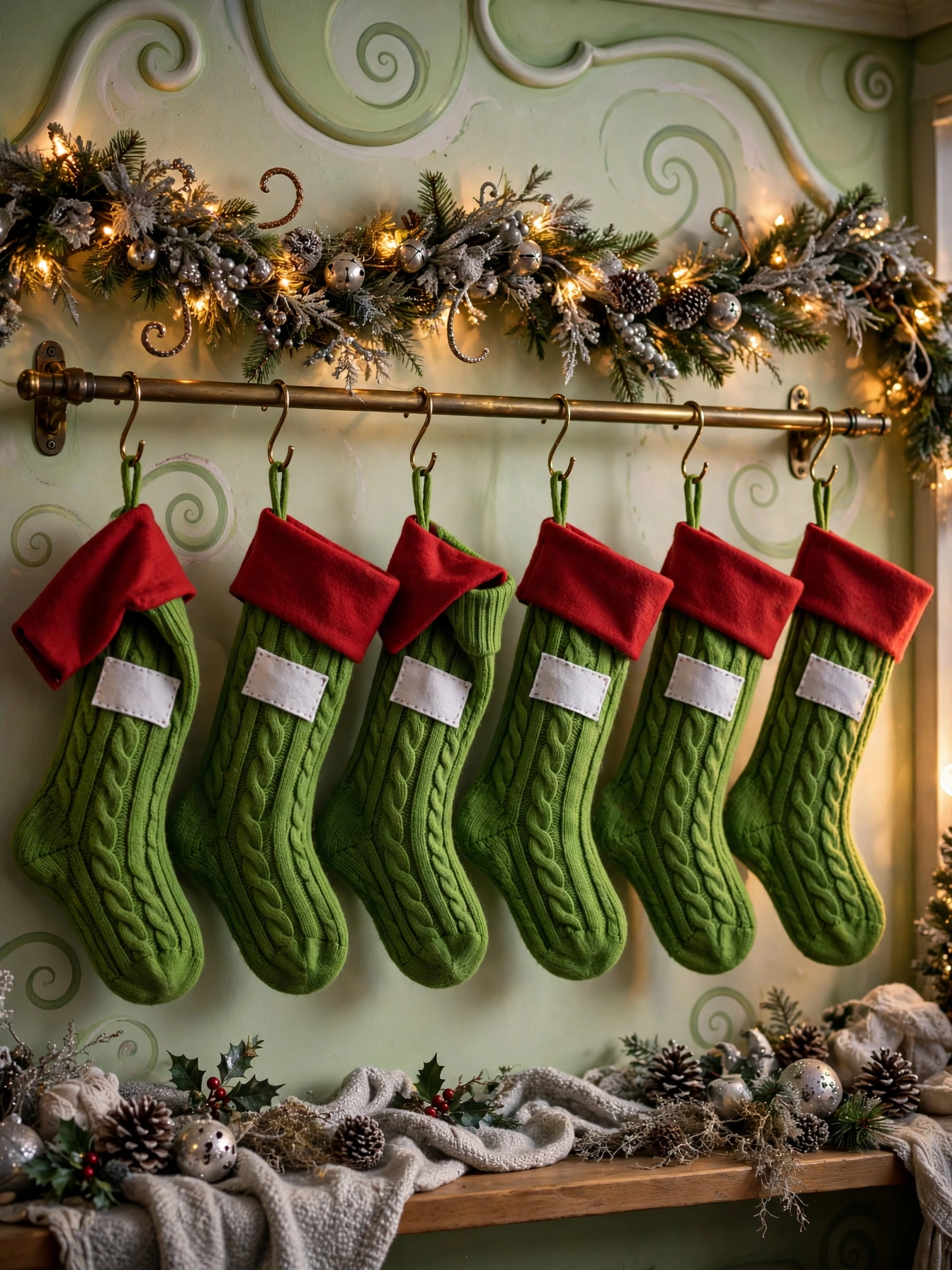 Grinch Christmas decorations ideas 2026: row of green stockings with red cuffs hanging from a brass rail