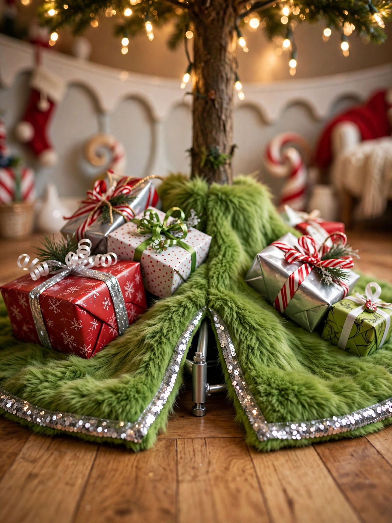 Grinch Christmas decorations ideas 2026: green faux fur tree skirt with silver sequin trim under a Christmas tree