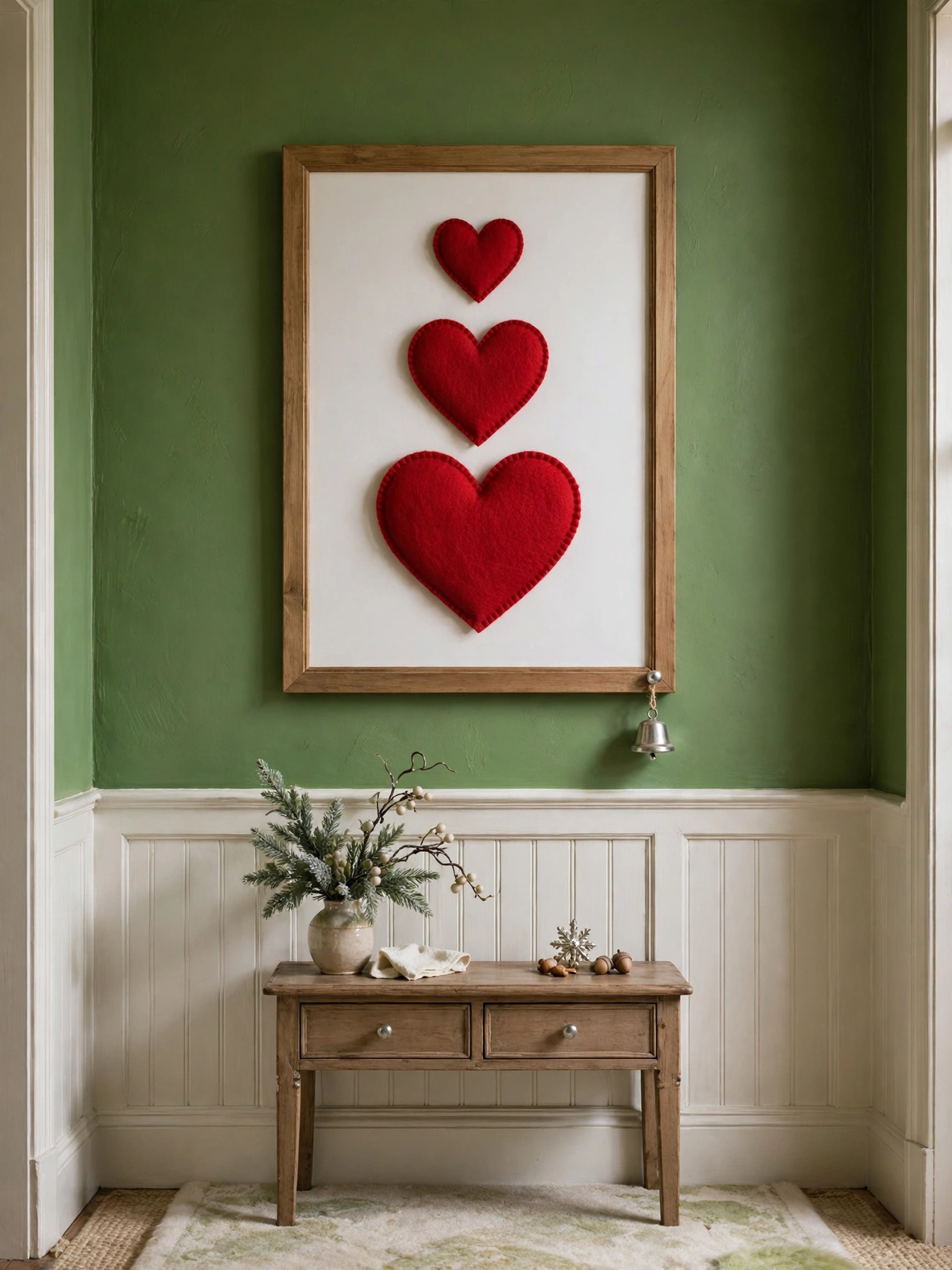 Grinch Christmas decorations ideas 2026: framed artwork showing three red felt hearts growing from small to large