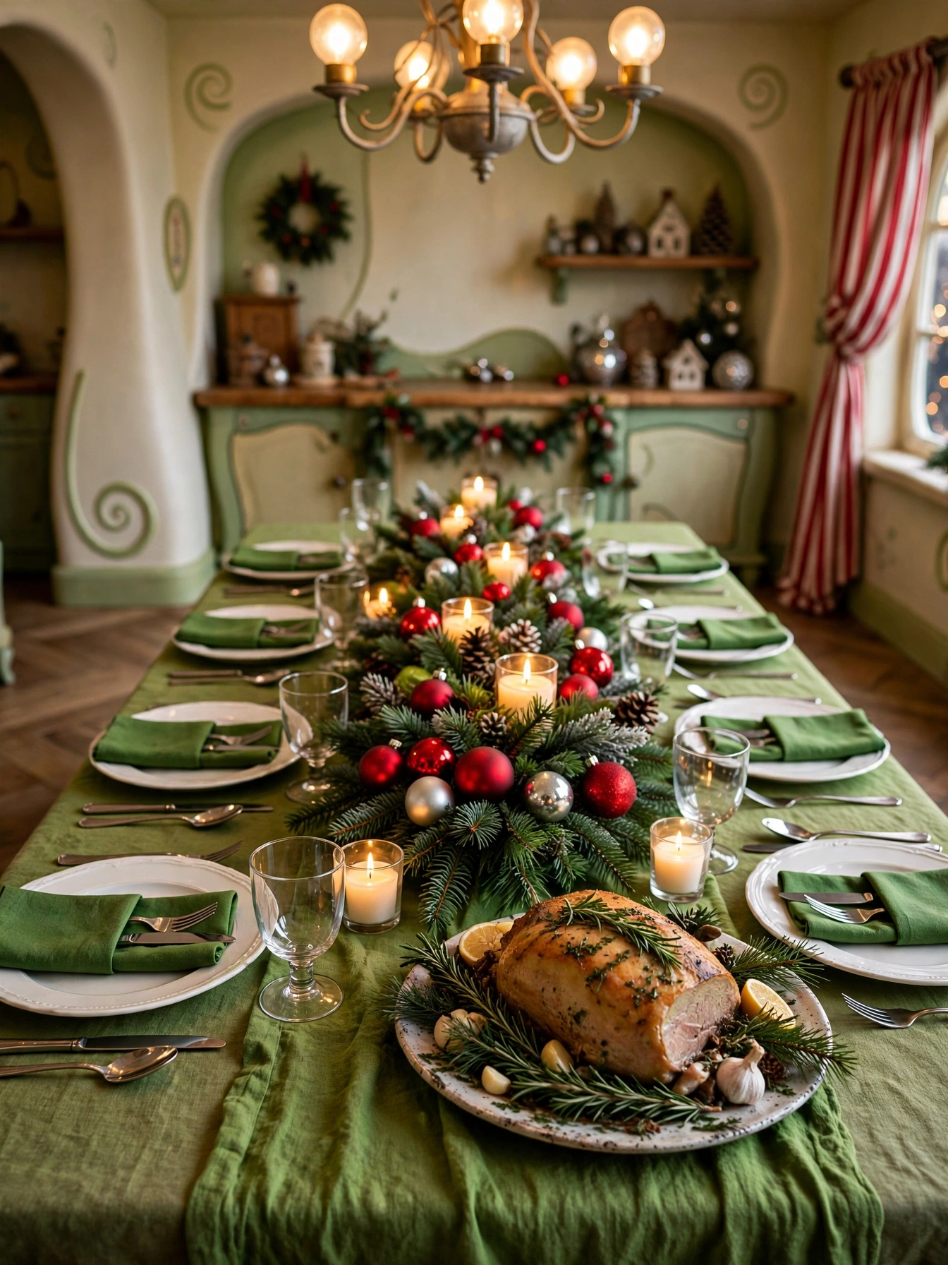 Grinch Christmas decorations ideas 2026: holiday dinner table with a green runner, pine centerpiece, and roast platter