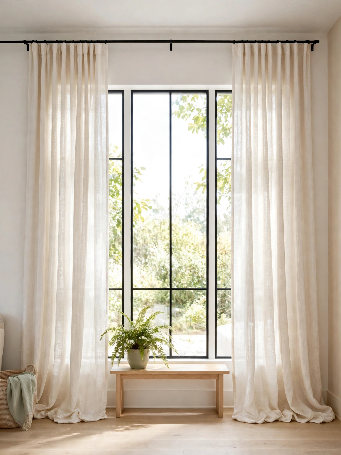 Ceiling-height linen curtains stretching windows, essential for how to make your living room look bigger