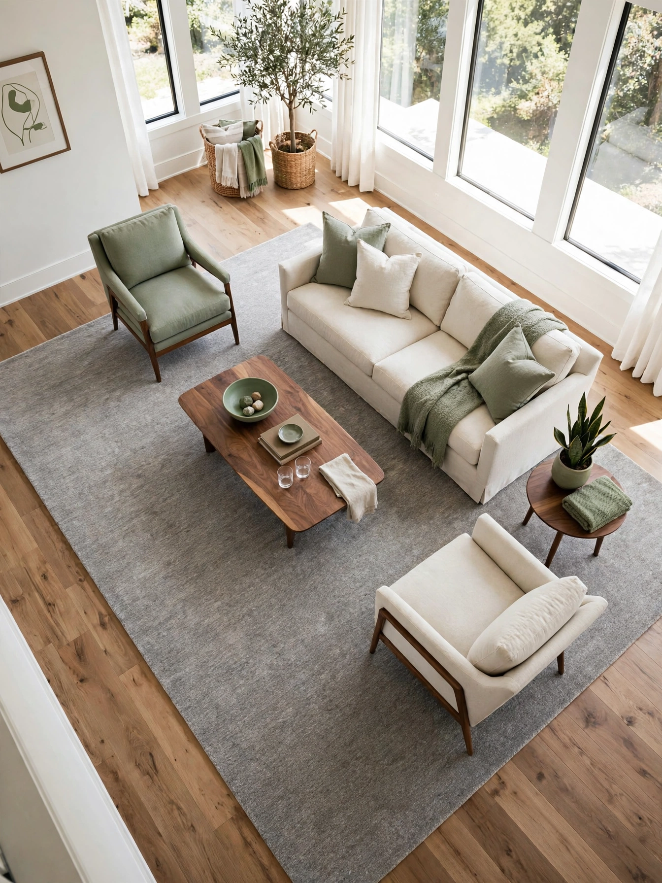 Rug rotated diagonally to stretch the room, a free trick for how to make your living room look bigger